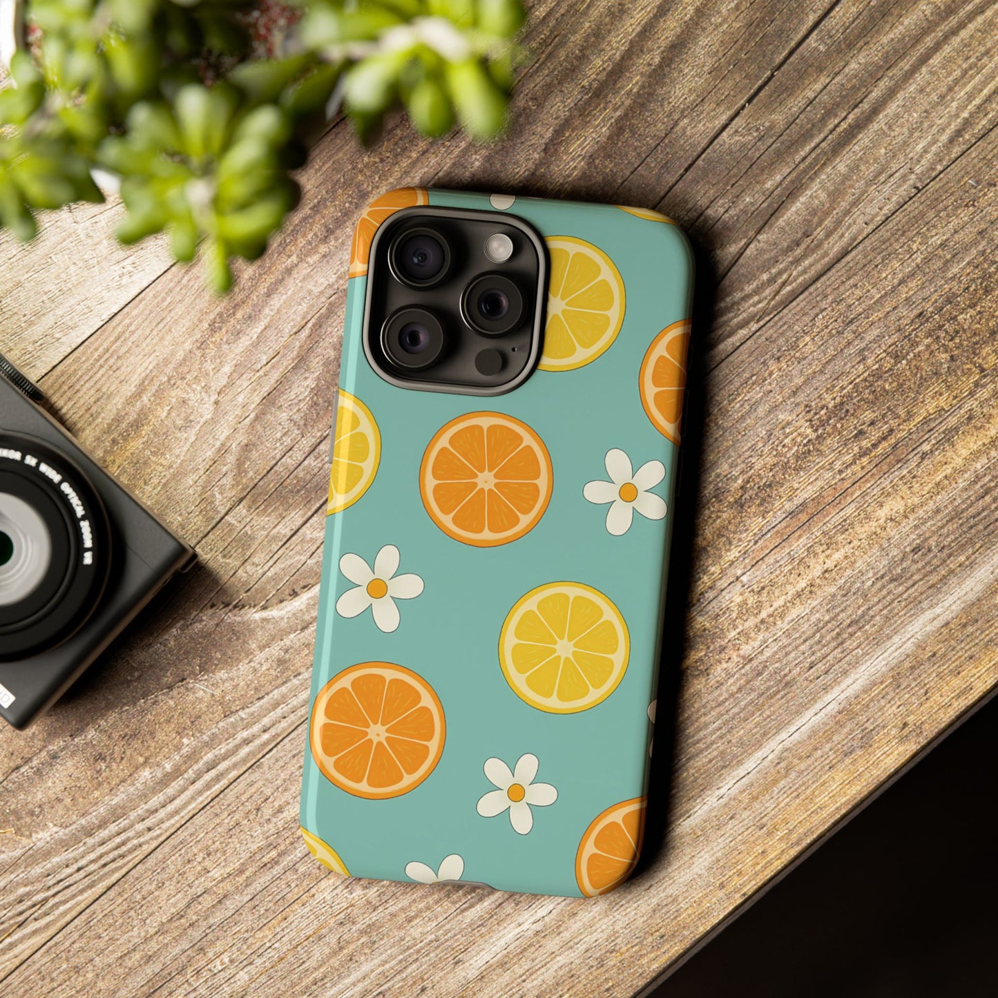 Citrus Bloom Phone Case – Orange, Lemon & Daisy Pattern on Teal