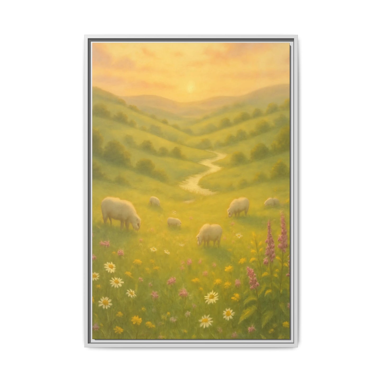 Golden Meadow Sunrise – Framed Matte Canvas Pastoral Landscape Art