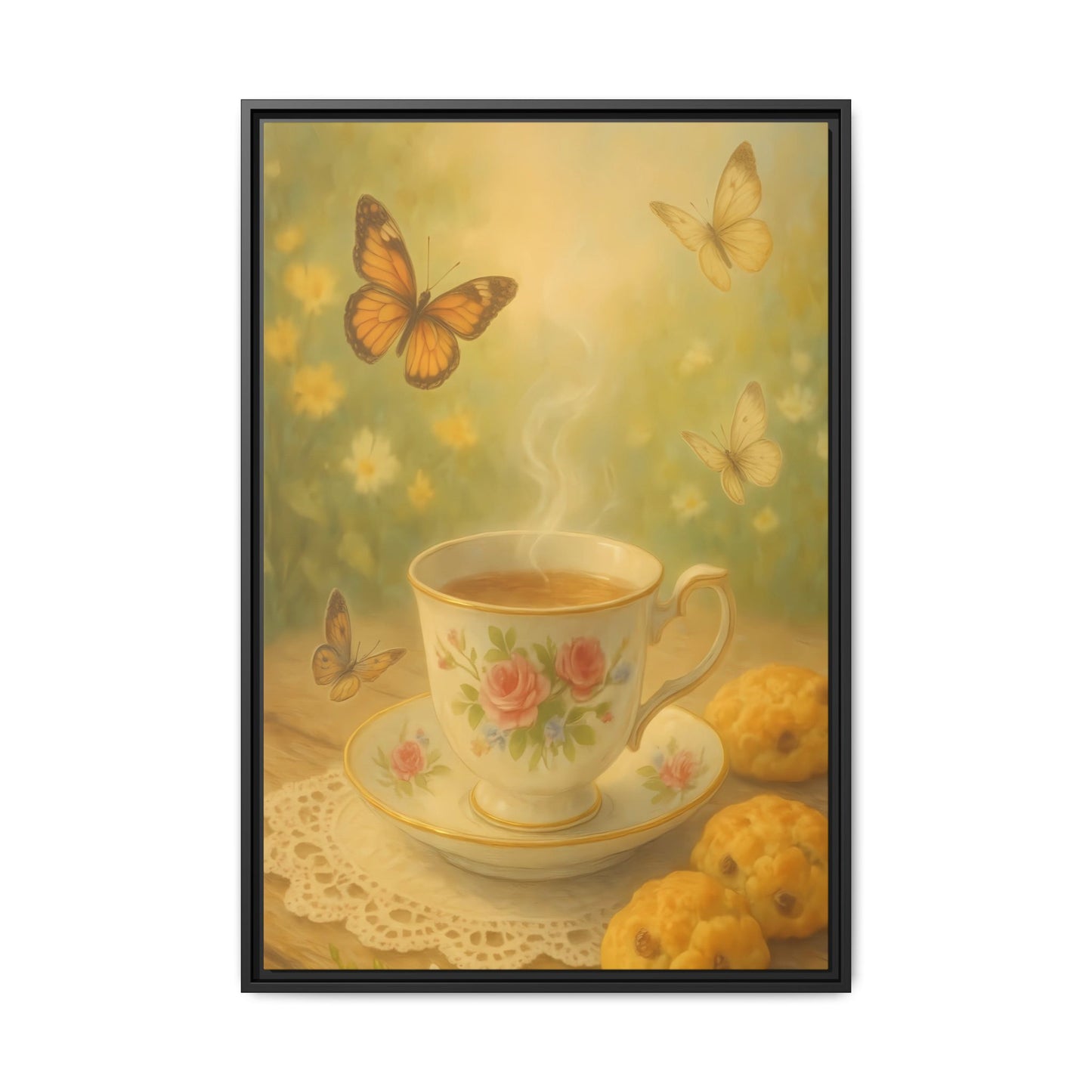Tea & Butterflies – Framed Matte Canvas of Vintage Teacup and Garden Scene