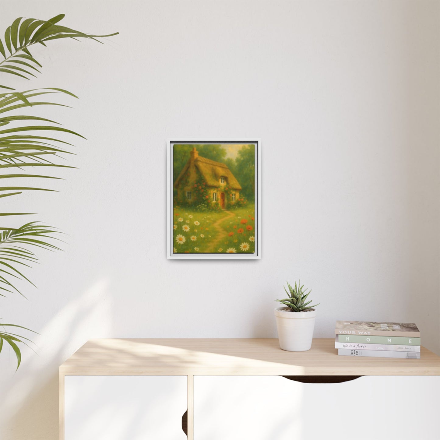 Cottage in Bloom – Framed Matte Canvas Art of Thatched Cottage & Wildflowers