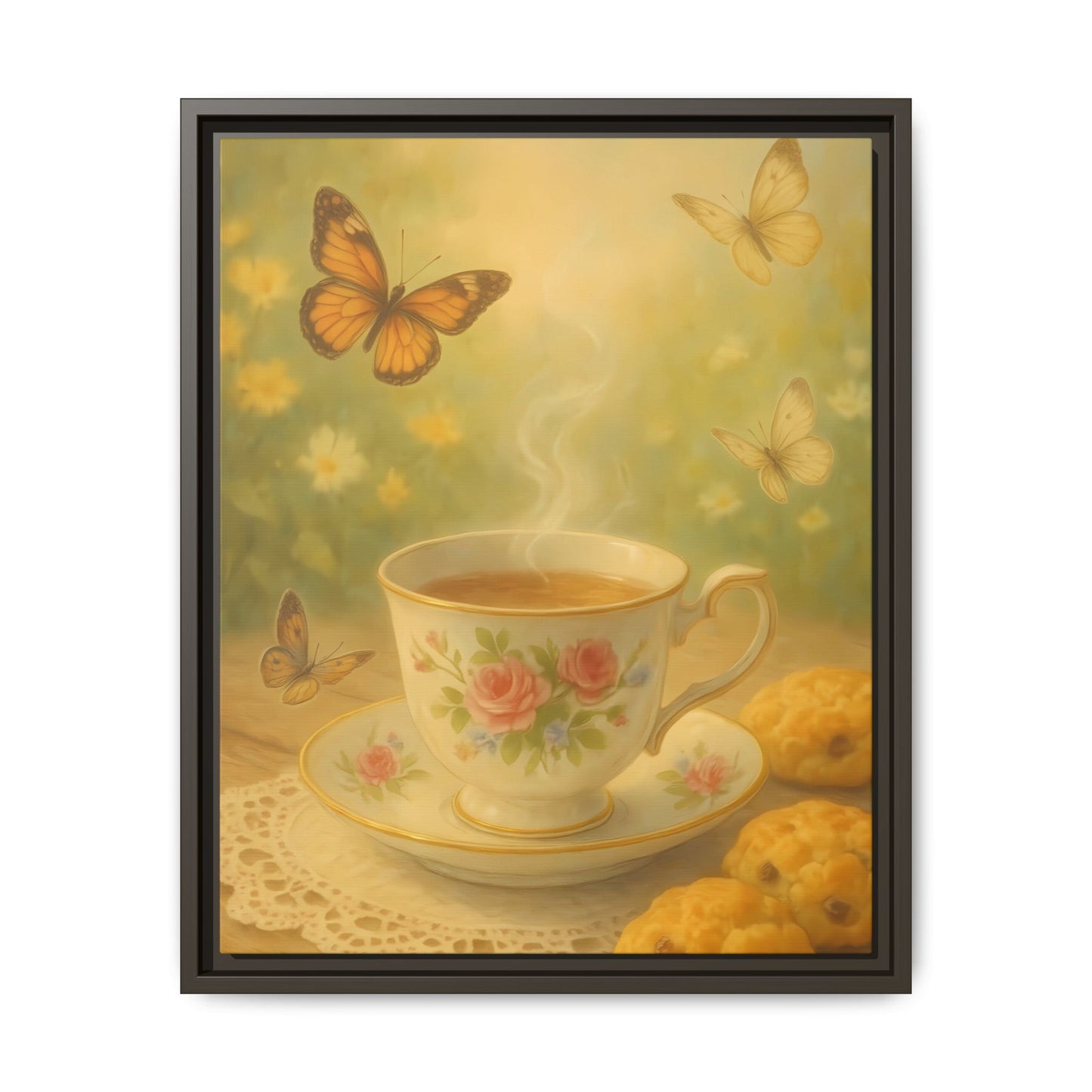 Tea & Butterflies – Framed Matte Canvas of Vintage Teacup and Garden Scene