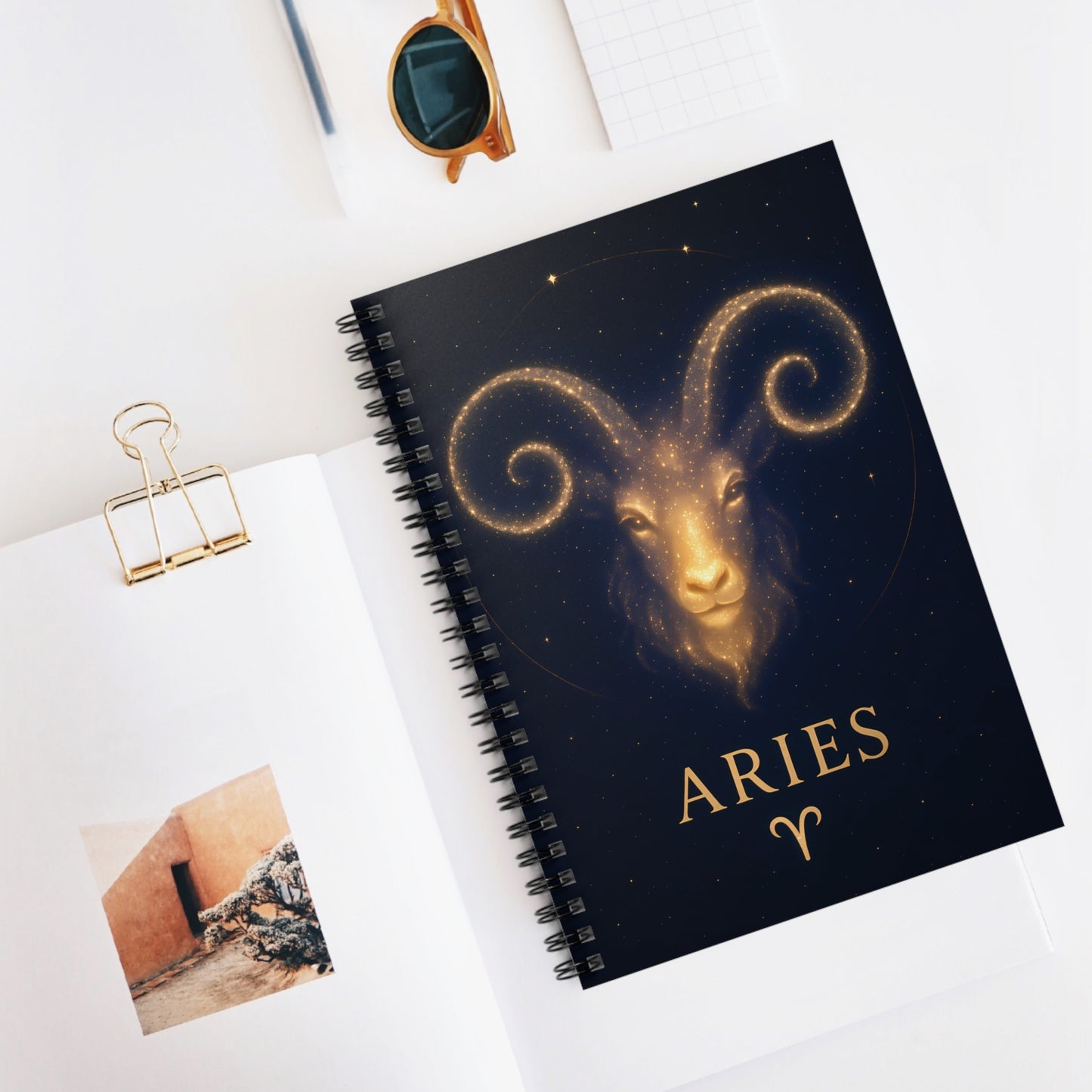 Aries Zodiac Galaxy Spiral Notebook – Golden Ram Astrology Journal (6" x 8", 118 Pages)
