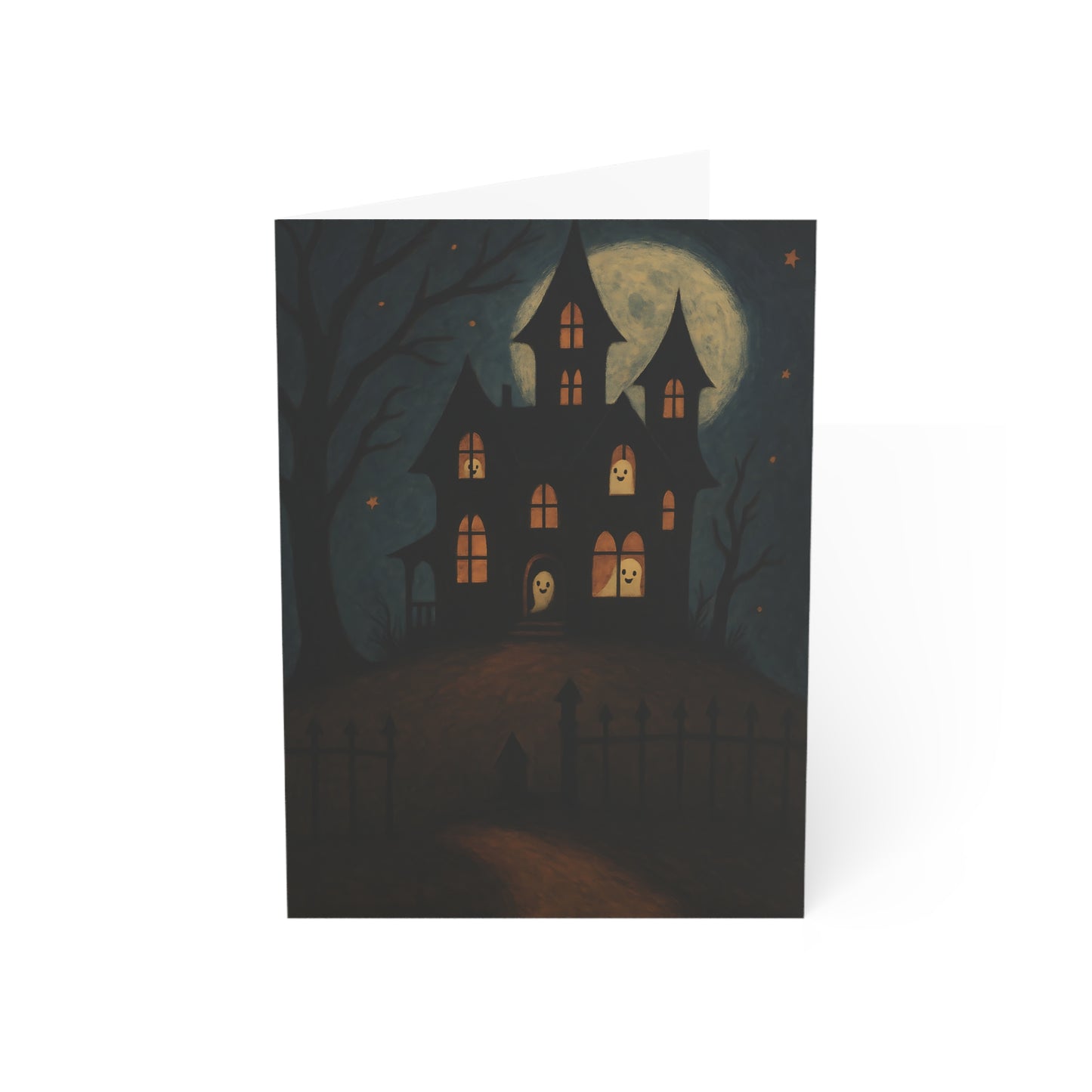 Halloween Card – Haunted House & Friendly Ghosts Under Full Moon – Premium 270gsm Greeting Card + Envelope