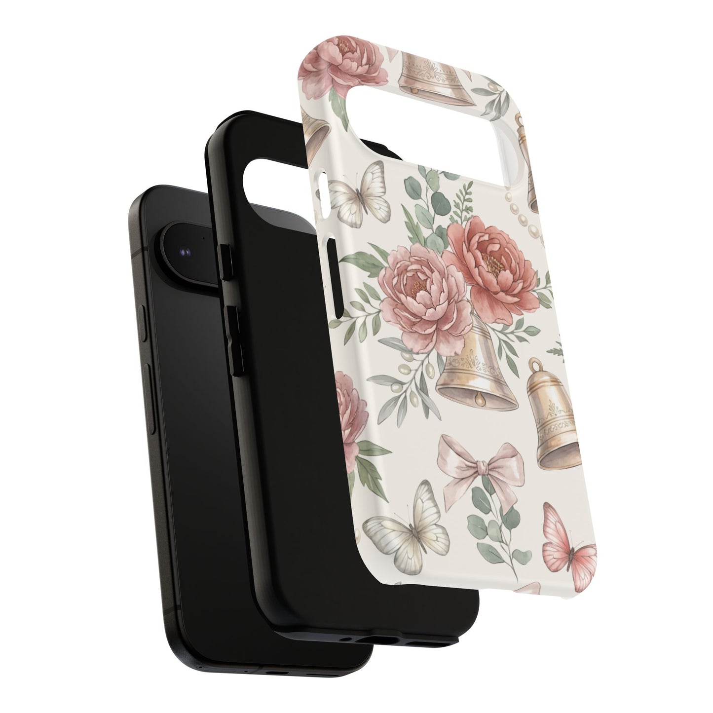 Floral Wedding Bells Phone Case — Vintage Roses, Butterflies & Bow Protective Tough Case