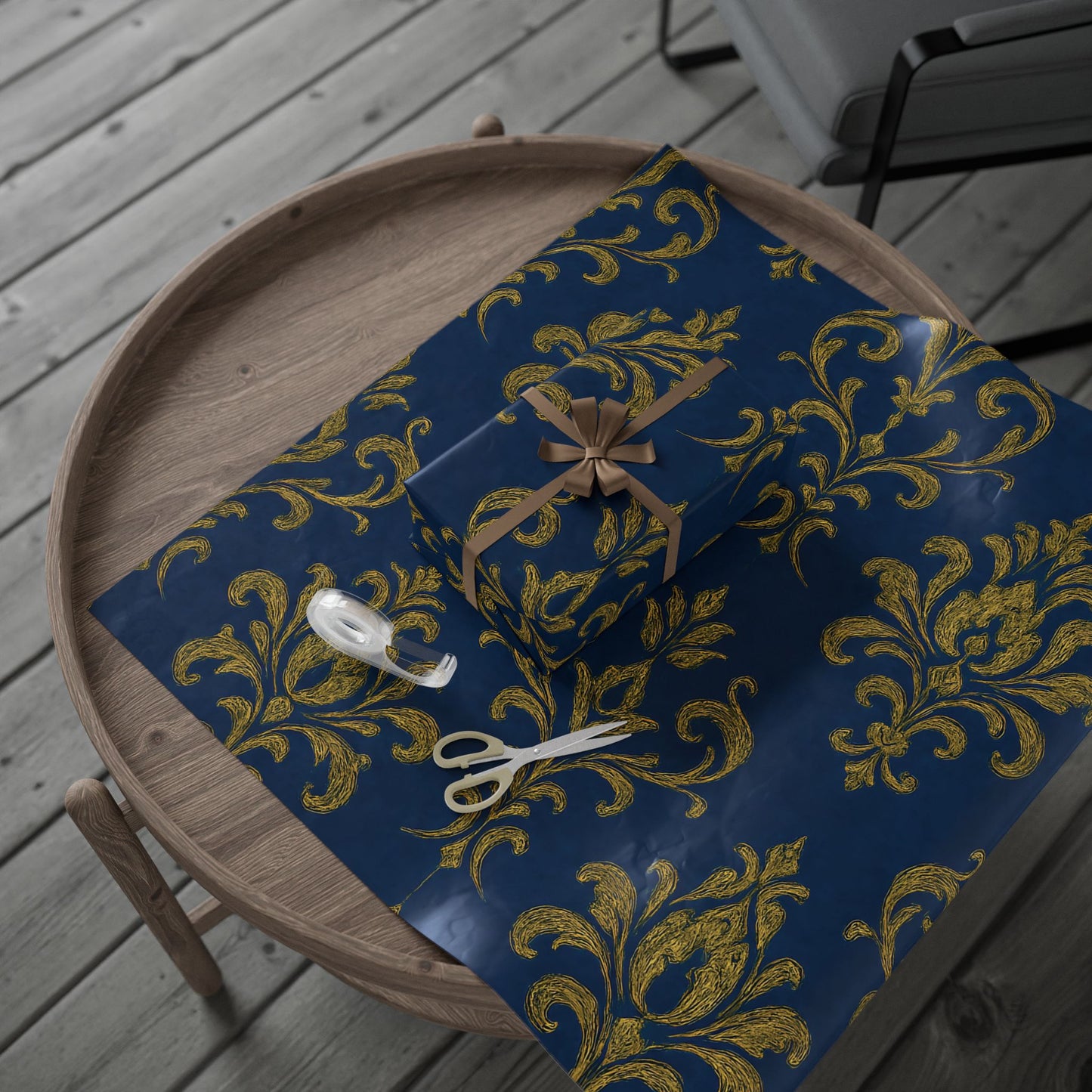 Royal Blue & Gold Damask Wrapping Paper – Elegant Luxury Gift Wrap in Glossy or Matte Finish