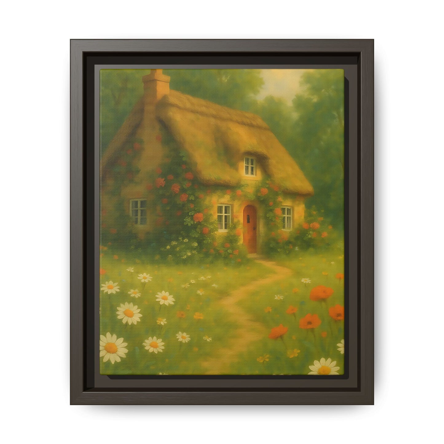 Cottage in Bloom – Framed Matte Canvas Art of Thatched Cottage & Wildflowers