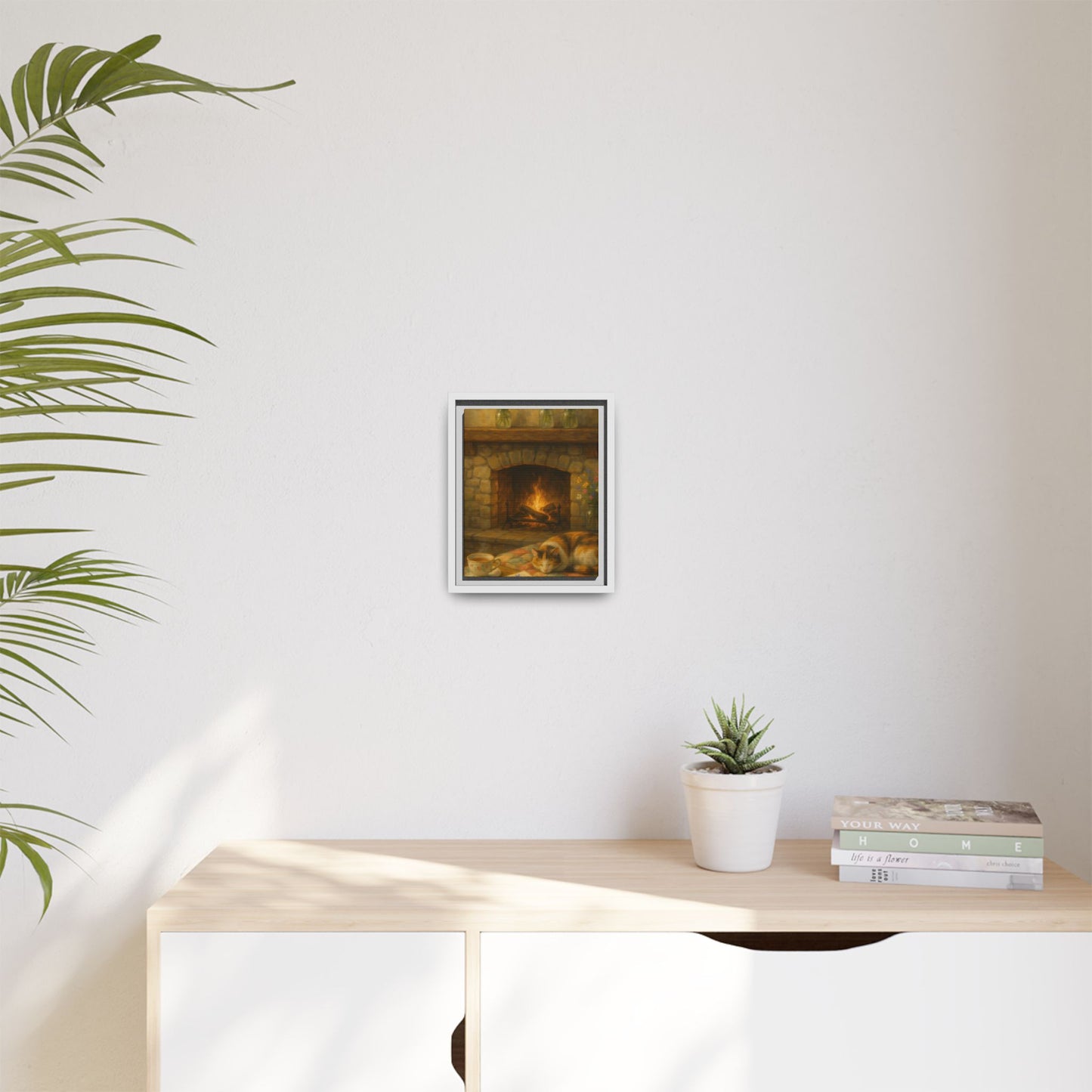 Hearthside Comfort – Framed Matte Canvas with Cat, Fireplace & Tea