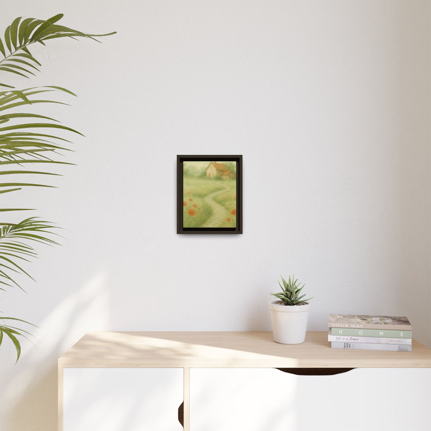 Poppy Path to Home – Framed Matte Canvas of Cottage & Flower Field Landscape