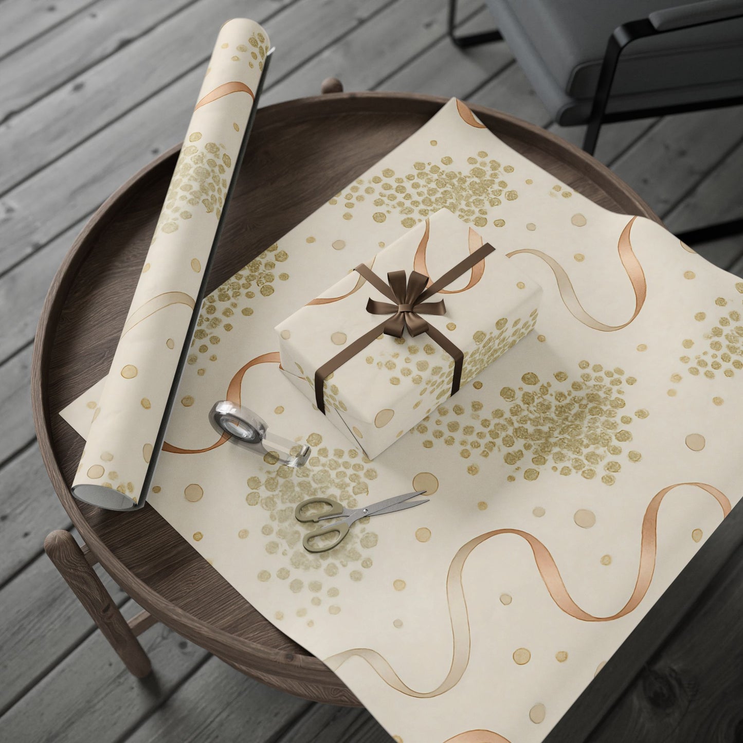 Elegant Gold Confetti & Ribbon Wrapping Paper – Luxurious Gift Wrap in Glossy or Matte Finish