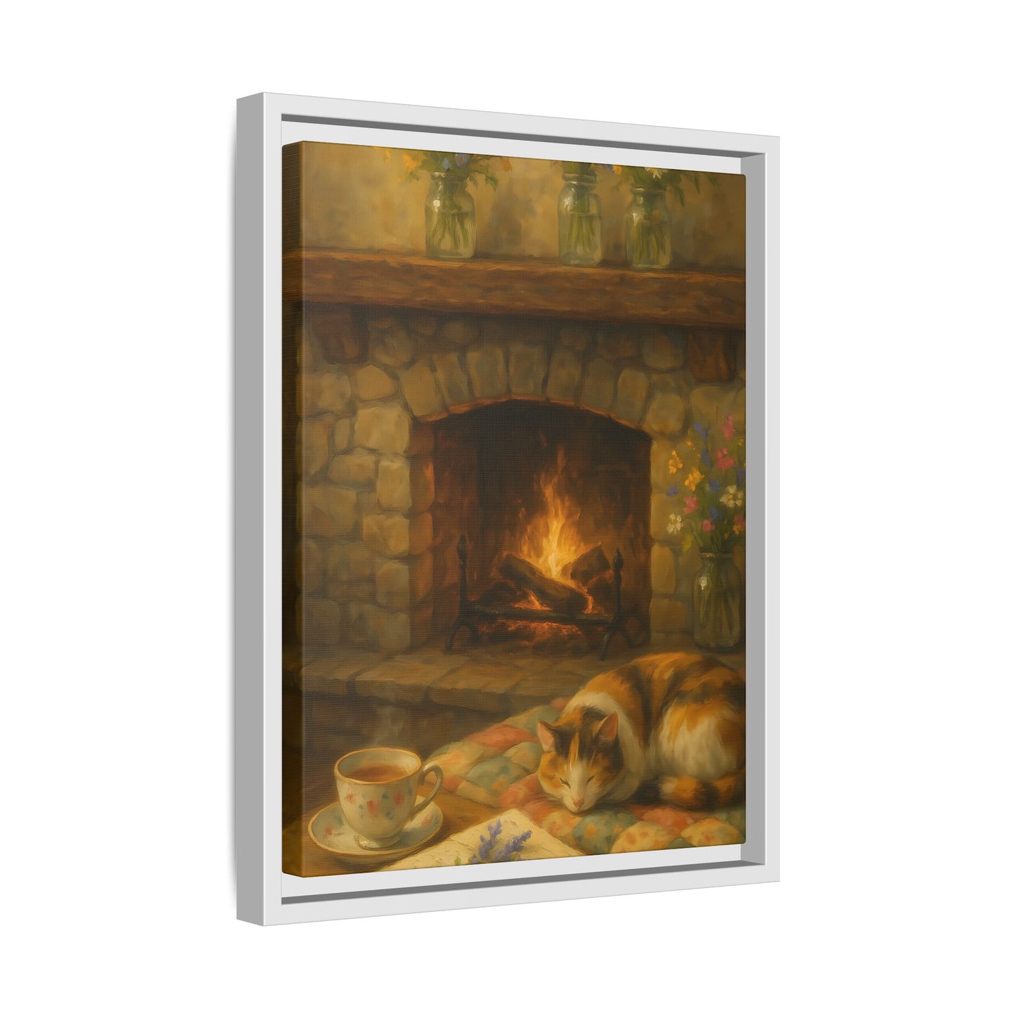Hearthside Comfort – Framed Matte Canvas with Cat, Fireplace & Tea