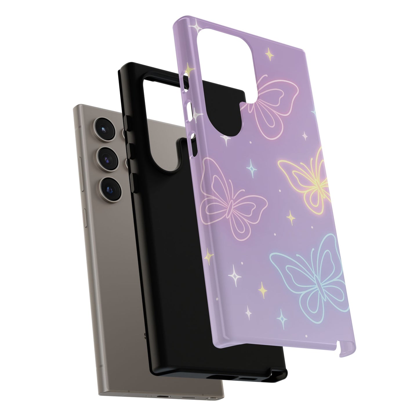 Pastel Butterfly Dream Phone Case – Purple Neon Glow with Stars