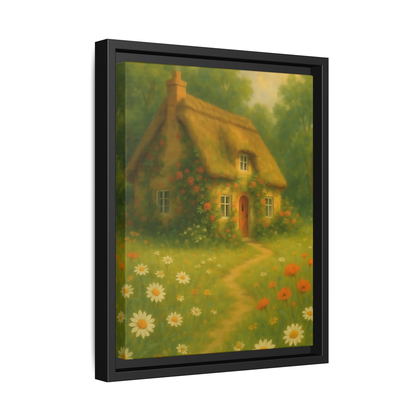 Cottage in Bloom – Framed Matte Canvas Art of Thatched Cottage & Wildflowers