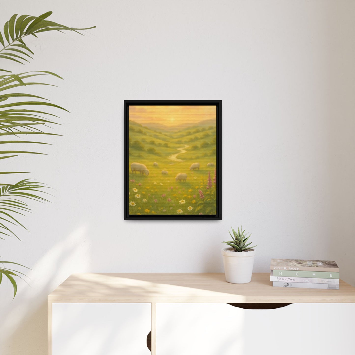 Golden Meadow Sunrise – Framed Matte Canvas Pastoral Landscape Art