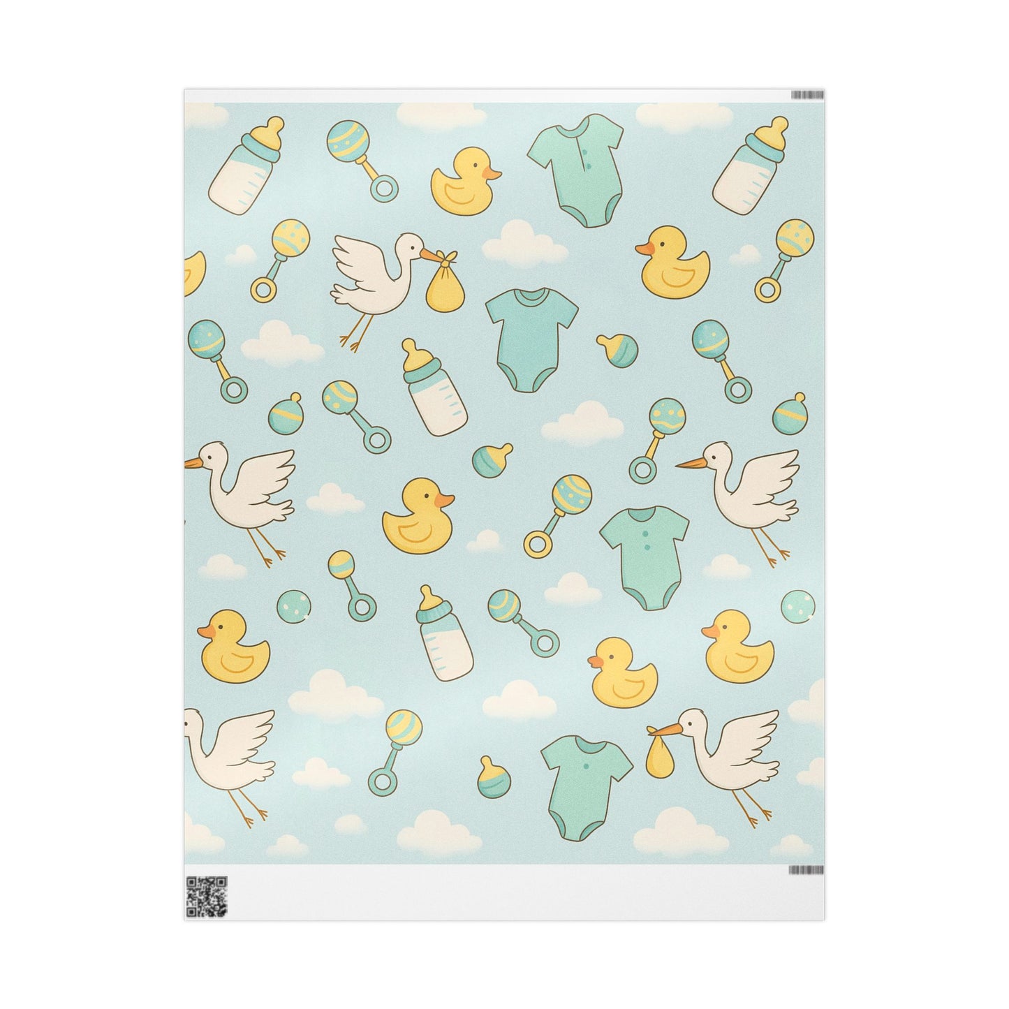 Baby Shower Wrapping Paper – Storks, Ducks & Baby Essentials on Sky Blue