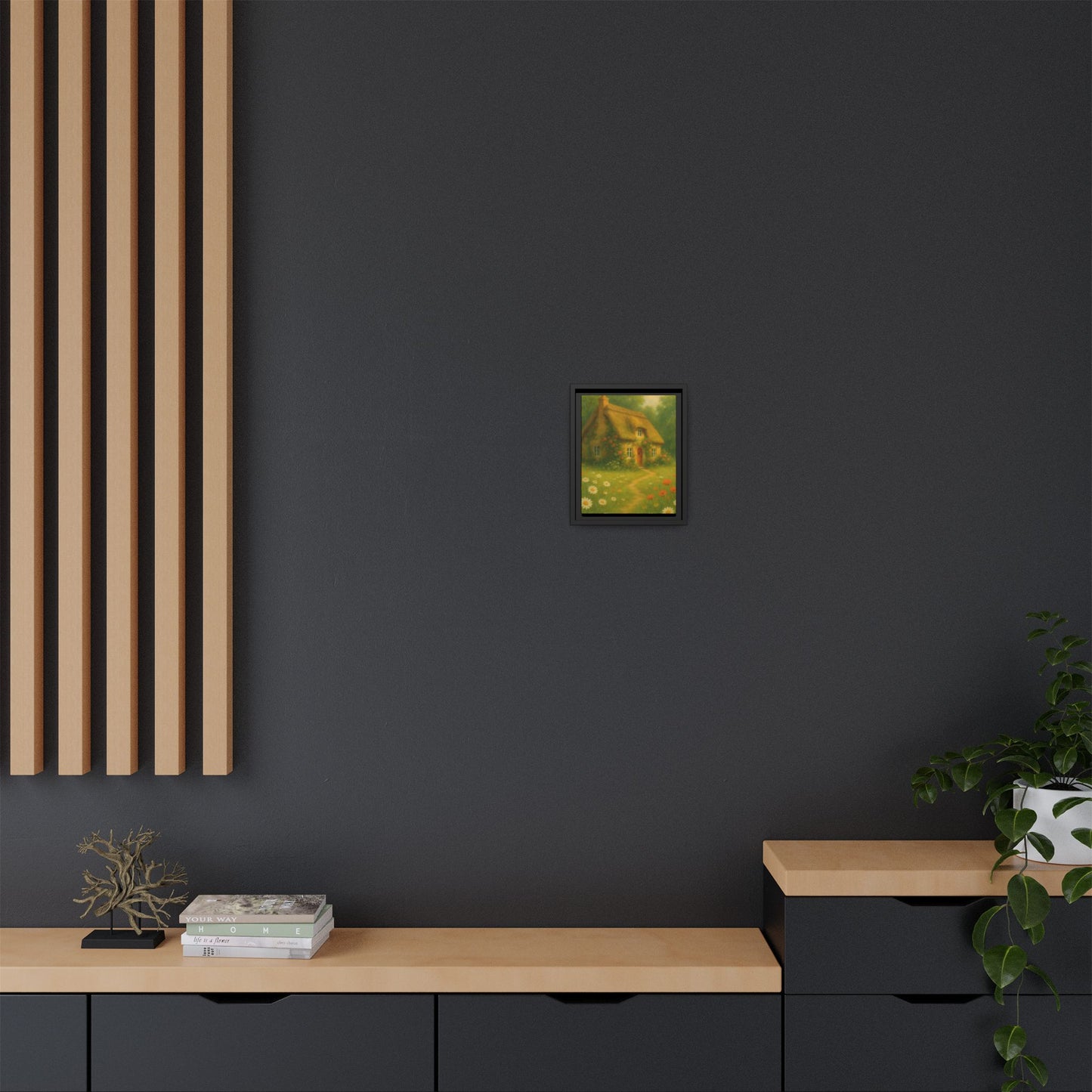 Cottage in Bloom – Framed Matte Canvas Art of Thatched Cottage & Wildflowers