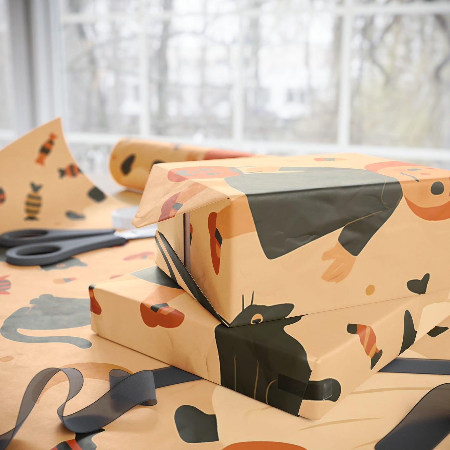 Vintage Halloween Wrapping Paper – Cute Ghosts, Witches, and Black Cats on Parchment Background
