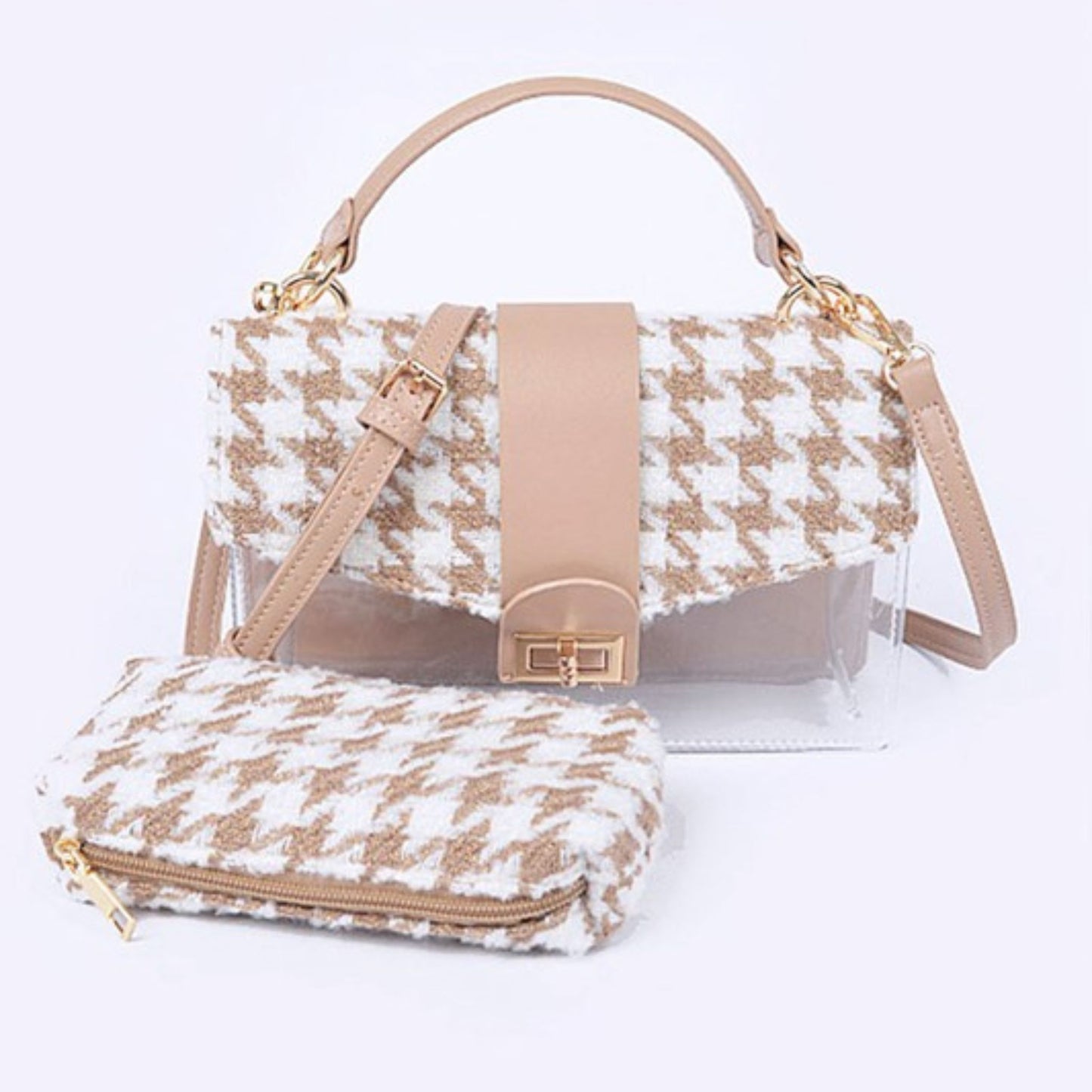 Handbag with houndstooth pattern and matching pouch on a white background