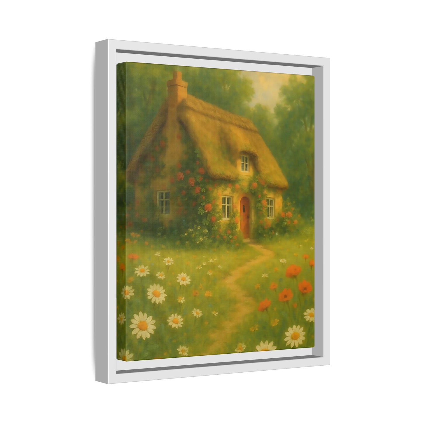 Cottage in Bloom – Framed Matte Canvas Art of Thatched Cottage & Wildflowers