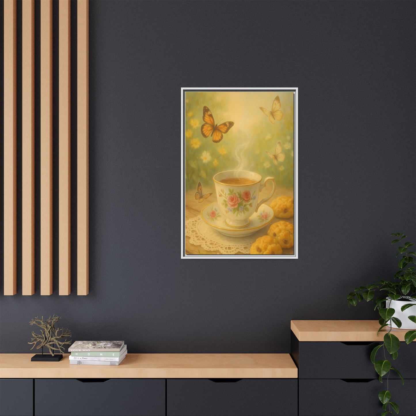 Tea & Butterflies – Framed Matte Canvas of Vintage Teacup and Garden Scene