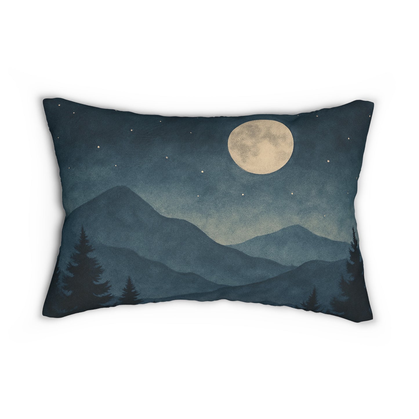 Moonlit Mountain Landscape Lumbar Pillow – Tranquil Forest Night Scene
