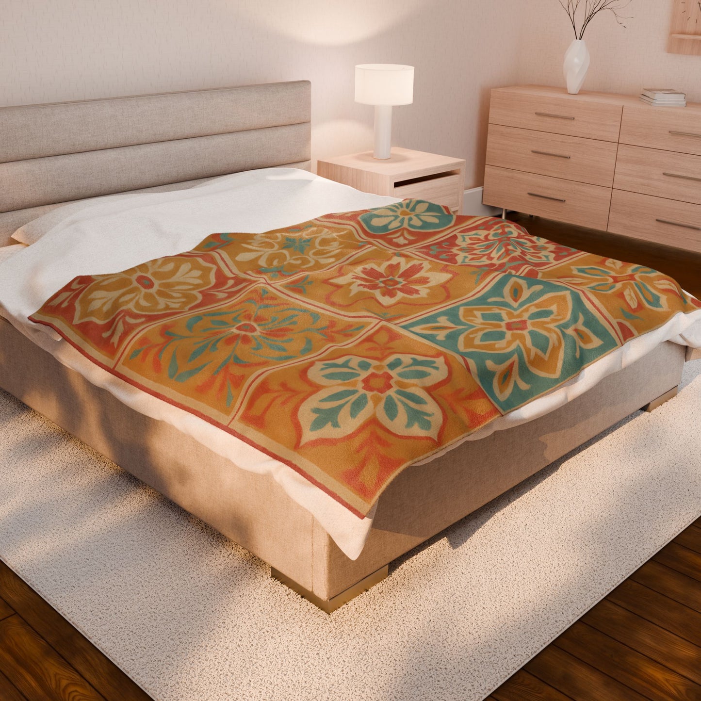 Spanish Tile Pattern Velveteen Plush Blanket – Warm Earth Tones