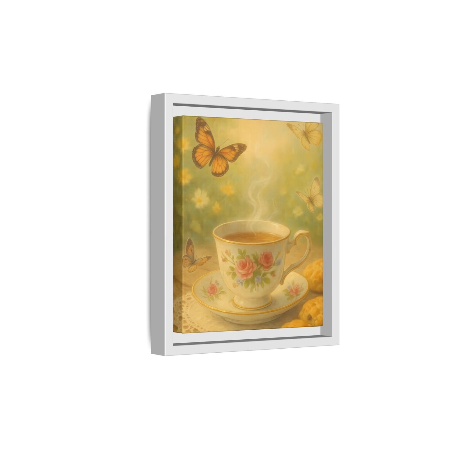 Tea & Butterflies – Framed Matte Canvas of Vintage Teacup and Garden Scene