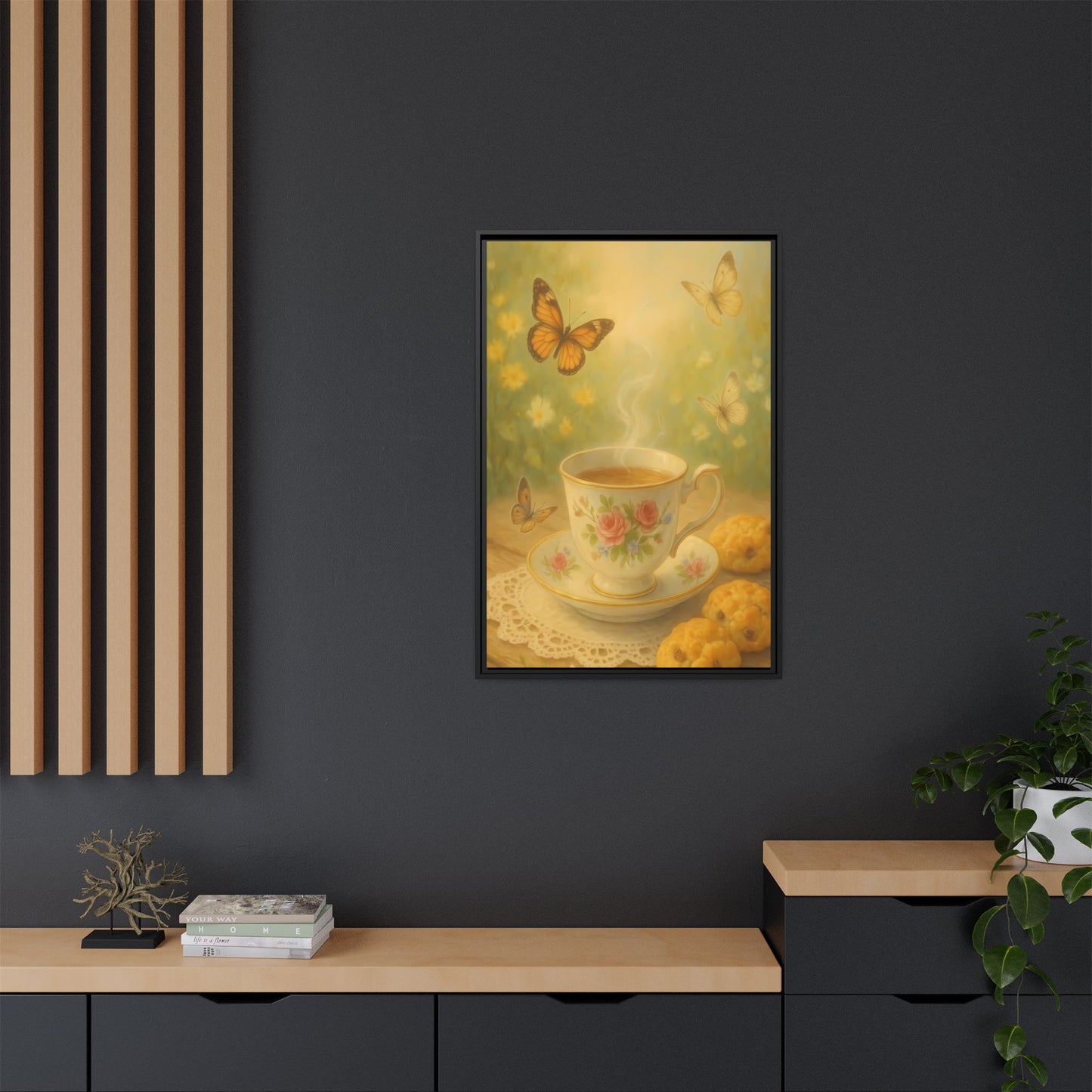 Tea & Butterflies – Framed Matte Canvas of Vintage Teacup and Garden Scene
