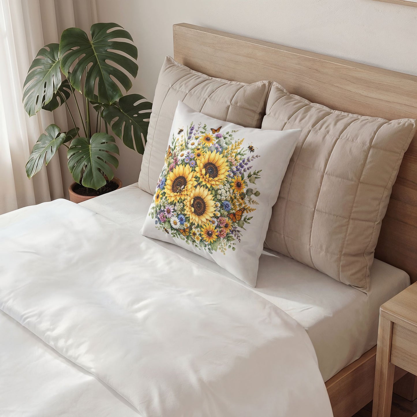 Sunflower Bouquet Velvet Pillow — Floral Decorative Throw Pillow