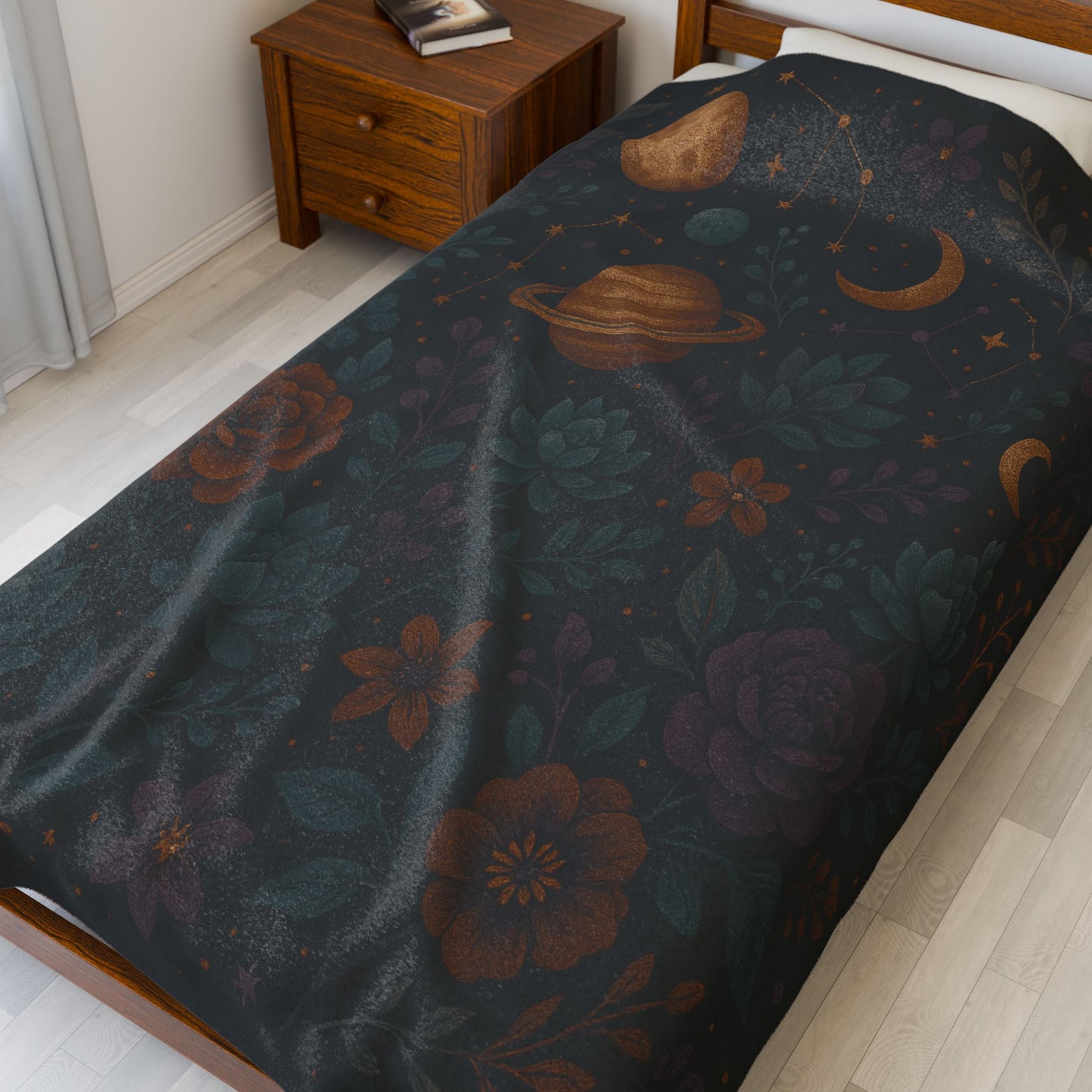 Celestial Garden Velveteen Plush Blanket – Planets, Flowers & Stars Design