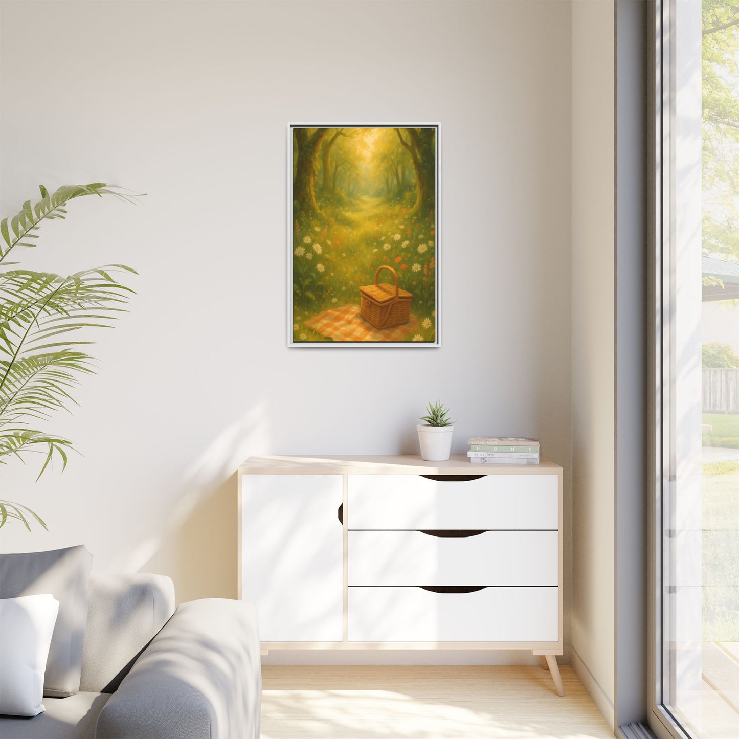 Golden Meadow Picnic Path – Framed Matte Canvas Wall Art