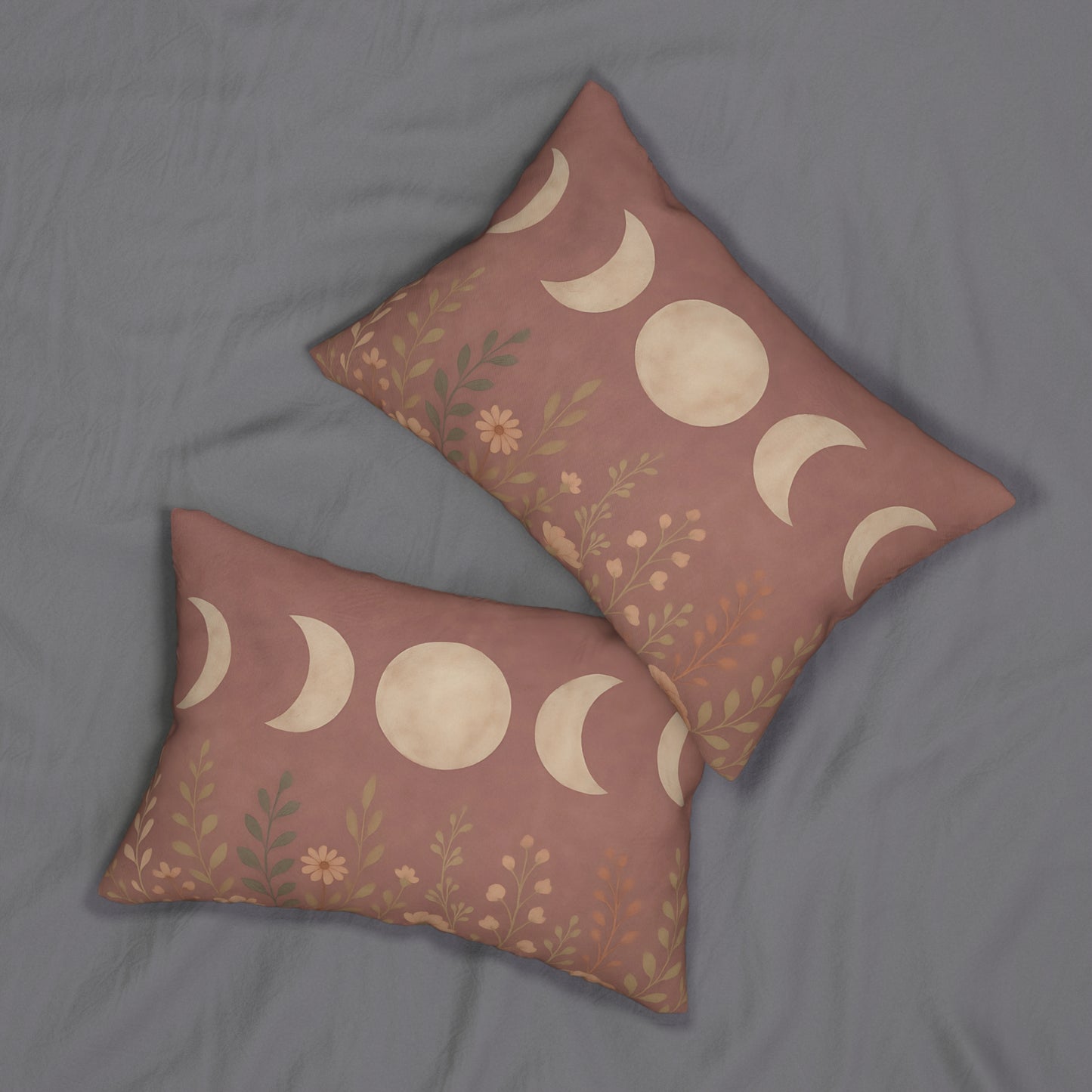 Boho Moon Phases Lumbar Pillow with Floral Accents – Double-Sided Bohemian Throw Pillow