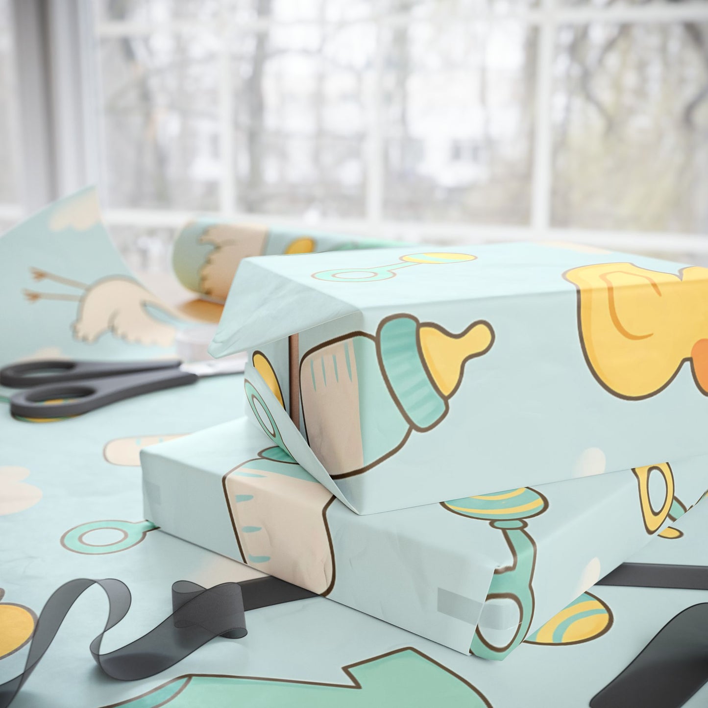 Baby Shower Wrapping Paper – Storks, Ducks & Baby Essentials on Sky Blue