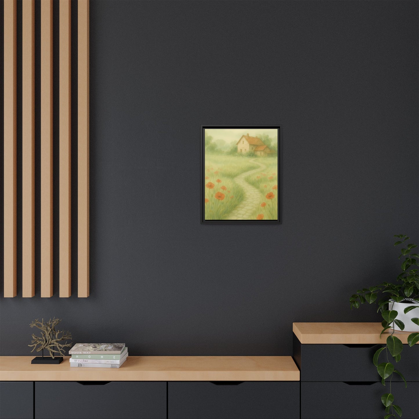Poppy Path to Home – Framed Matte Canvas of Cottage & Flower Field Landscape