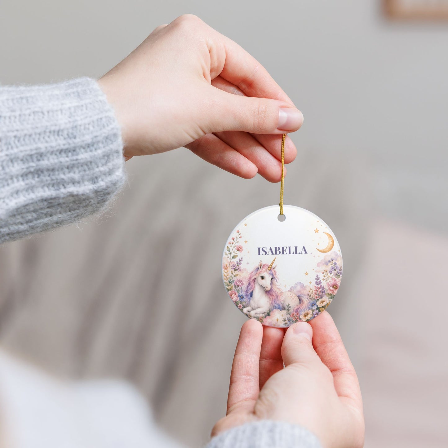 Personalized Unicorn Ornament — Ceramic Name Decoration (Isabella)