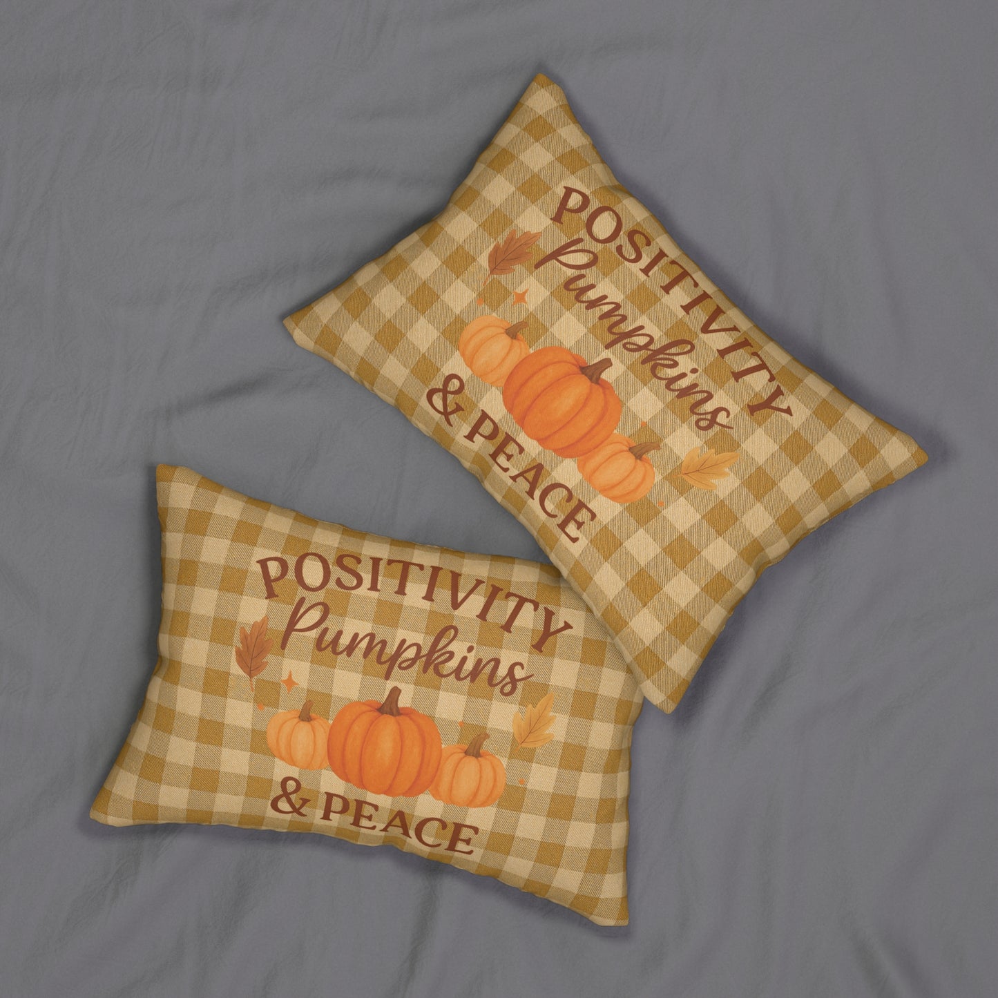 Positivity, Pumpkins & Peace Lumbar Throw Pillow – Autumn Plaid Farmhouse Decor