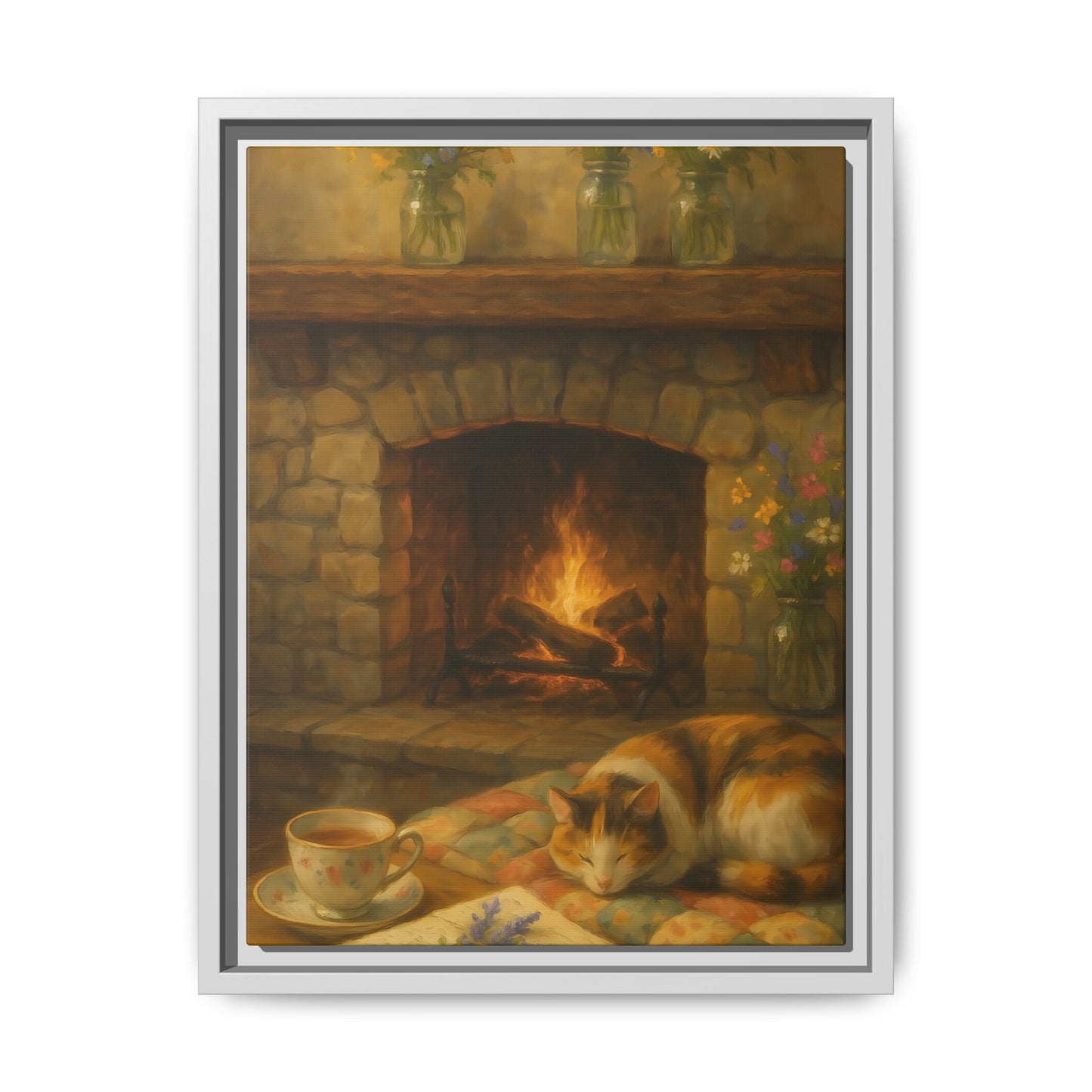Hearthside Comfort – Framed Matte Canvas with Cat, Fireplace & Tea