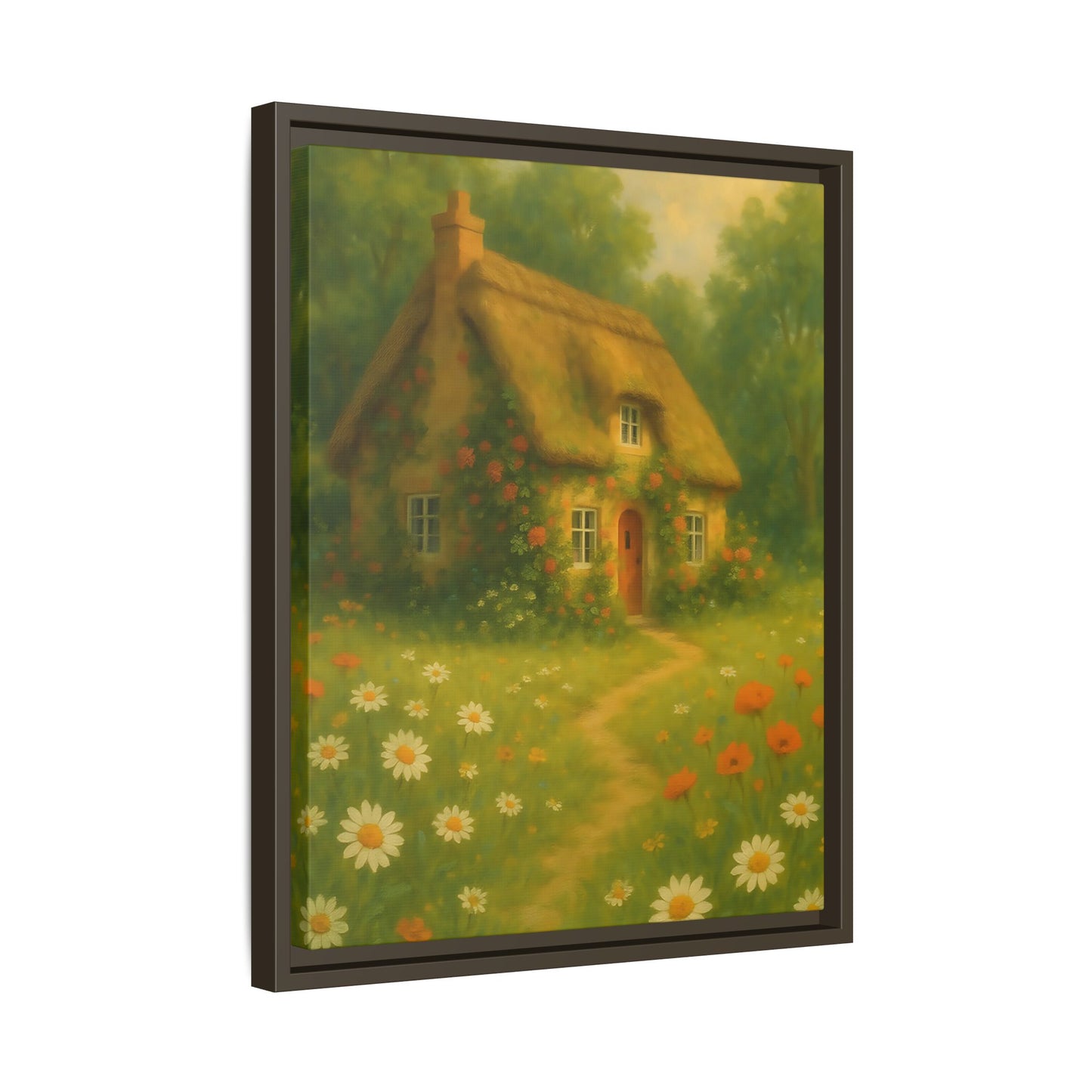 Cottage in Bloom – Framed Matte Canvas Art of Thatched Cottage & Wildflowers