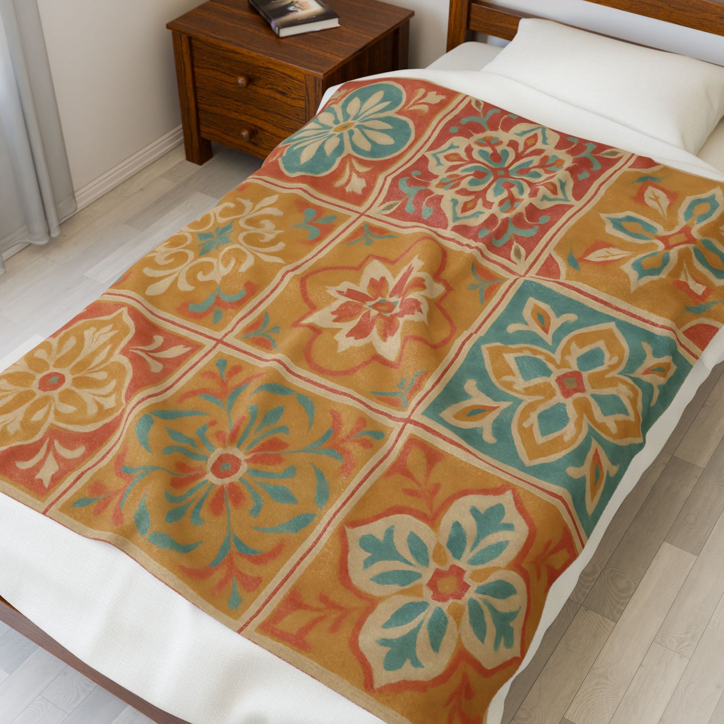 Spanish Tile Pattern Velveteen Plush Blanket – Warm Earth Tones