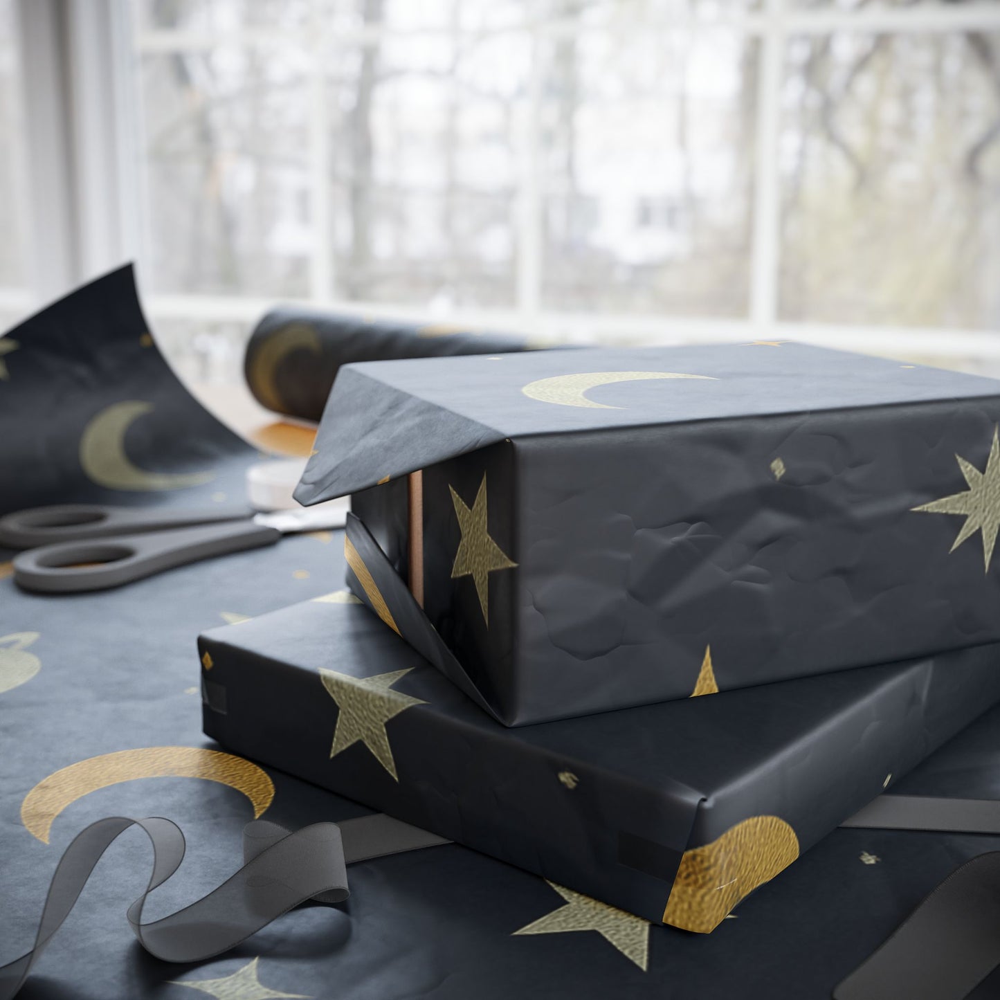 Celestial Night Sky Wrapping Paper – Moons, Stars & Planets on Midnight Blue