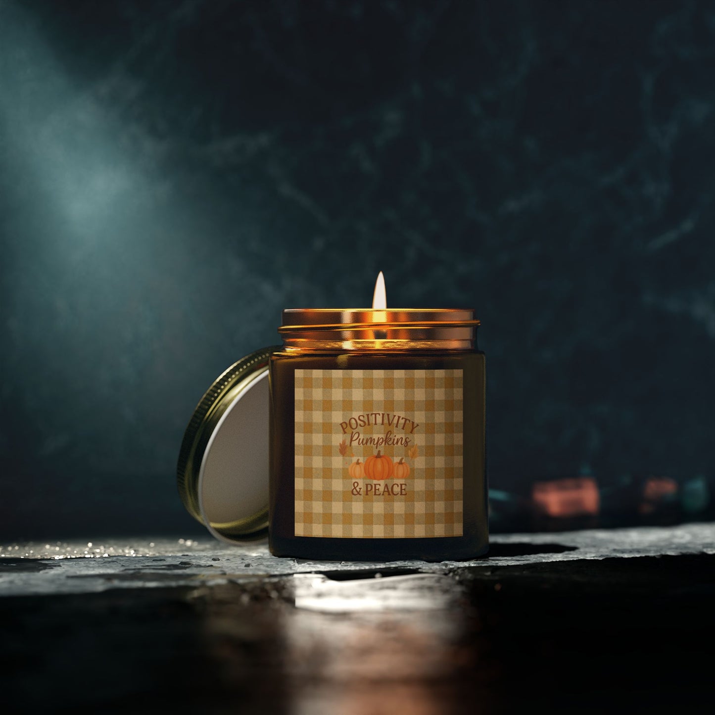 Positivity Pumpkins & Peace Candle - Fall Scented Coconut Apricot Wax Candle in Gingham Jar, Eco-Friendly Autumn Gift, 4oz or 9oz