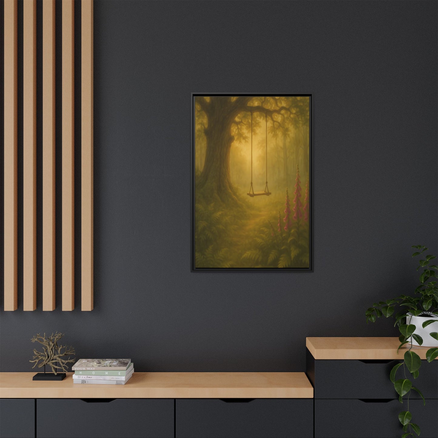 Golden Forest Swing – Framed Matte Canvas Woodland Wall Art