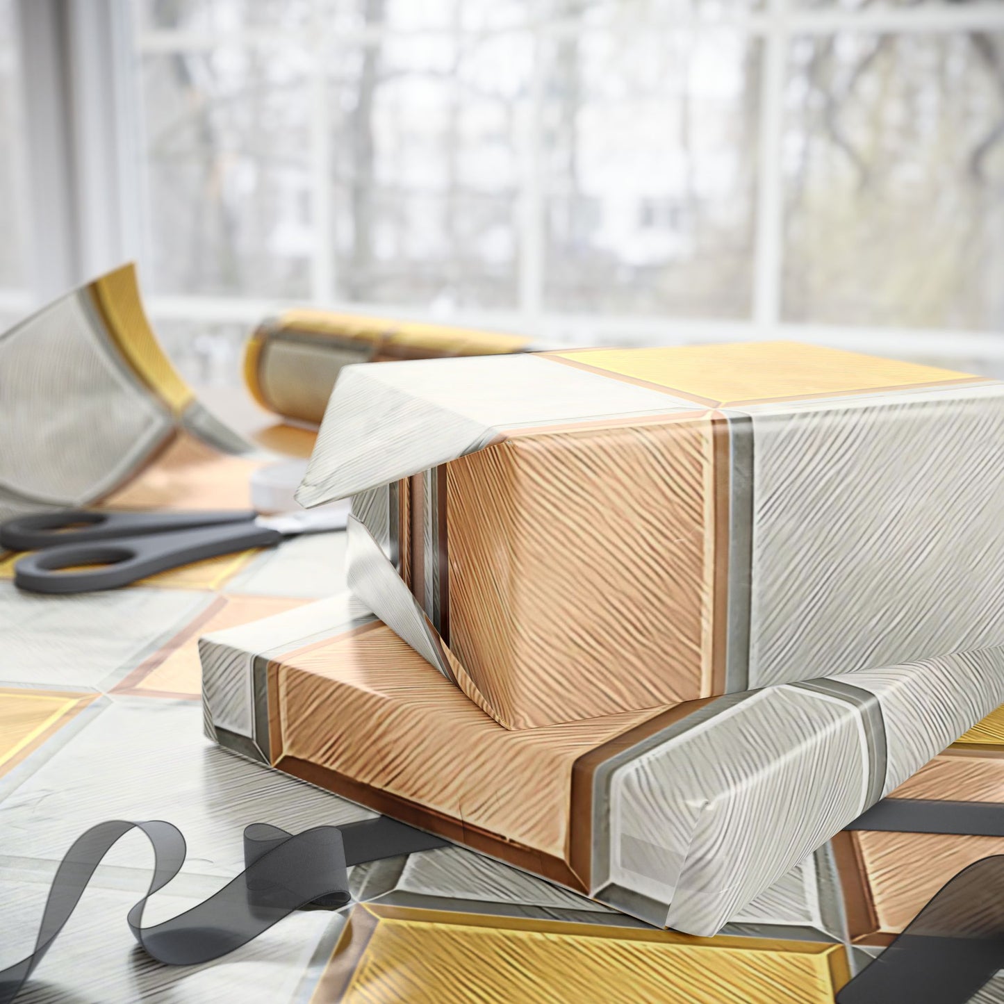 Geometric Metallic Tile Wrapping Paper – Modern Luxury Gift Wrap in Glossy or Matte Finish
