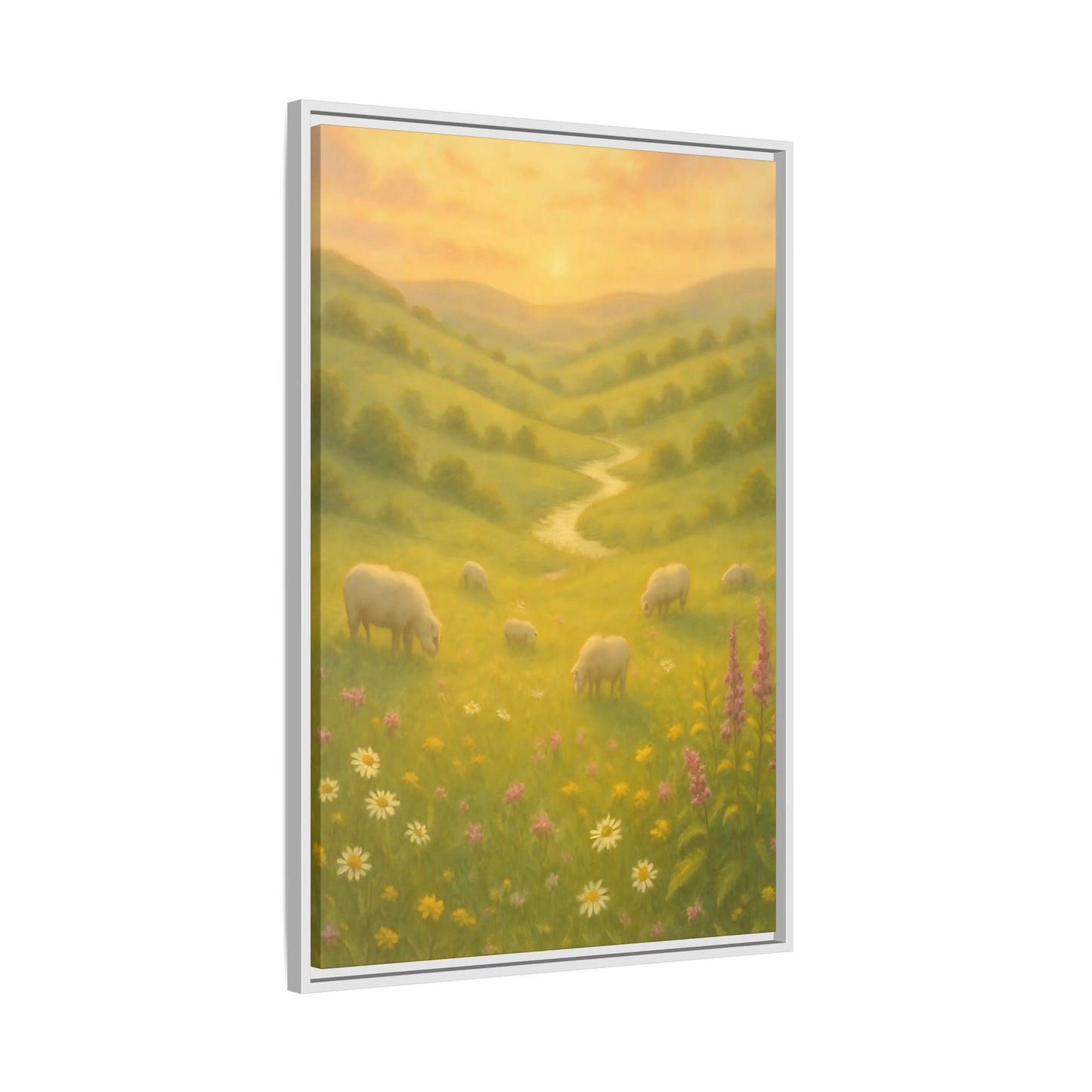 Golden Meadow Sunrise – Framed Matte Canvas Pastoral Landscape Art