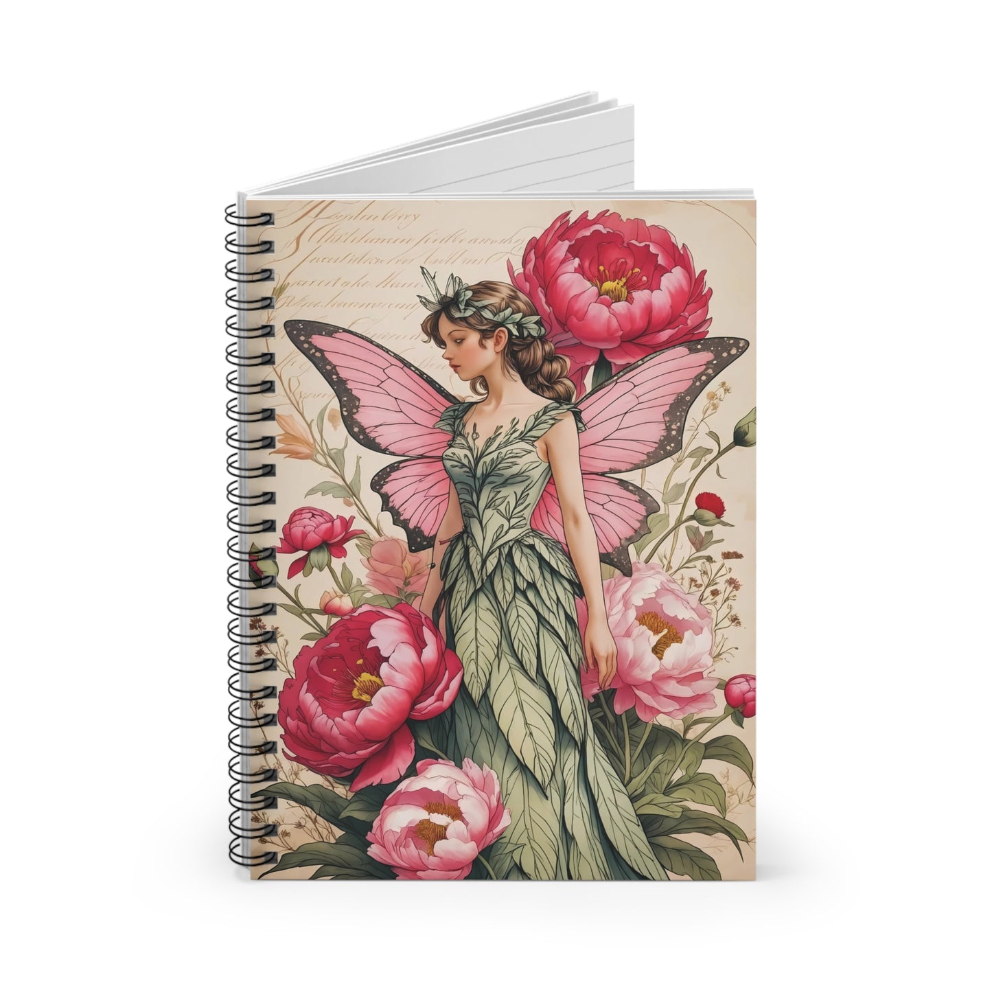 Pink Fairy Garden Spiral Notebook – 6x8 Cottagecore Lined Journal with Document Pocket for Notes and Creative Writing