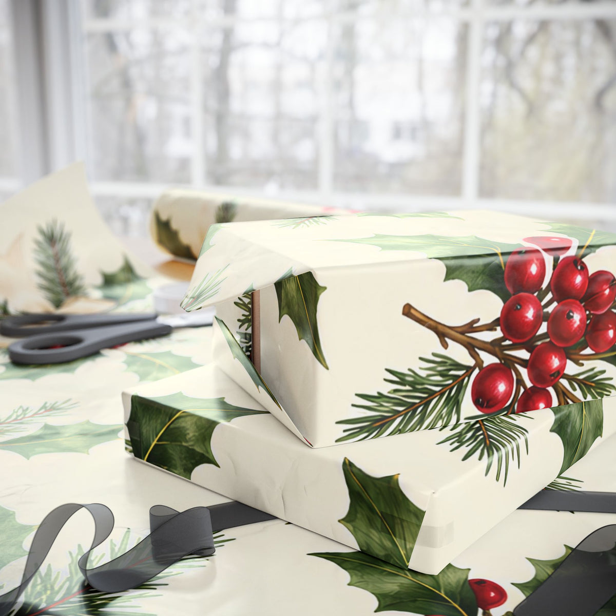 Christmas Pine & Holly Gift Wrapping Paper Roll