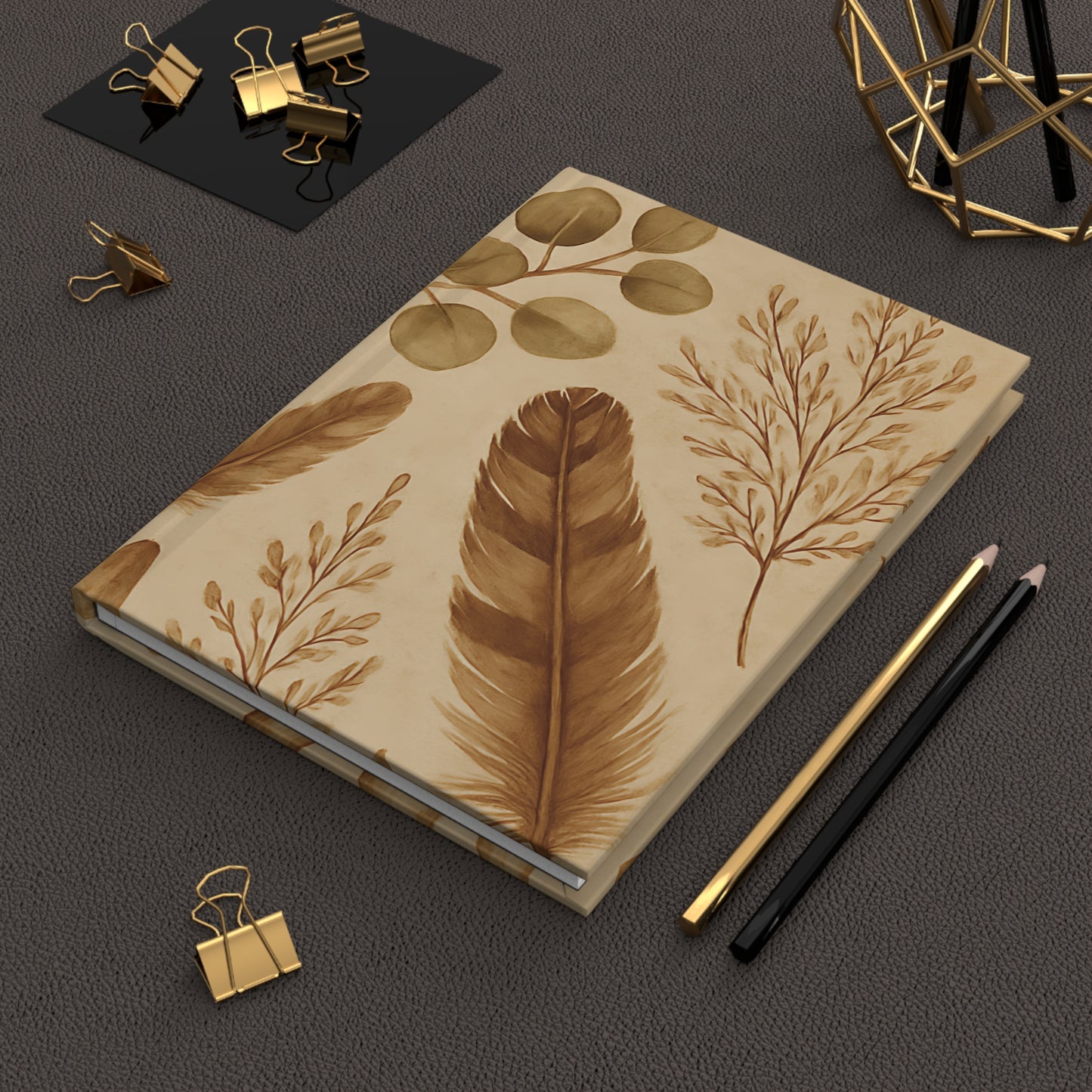 Earthy Feather & Leaf Botanical Hardcover Journal – Rustic Nature-Inspired Lined Notebook