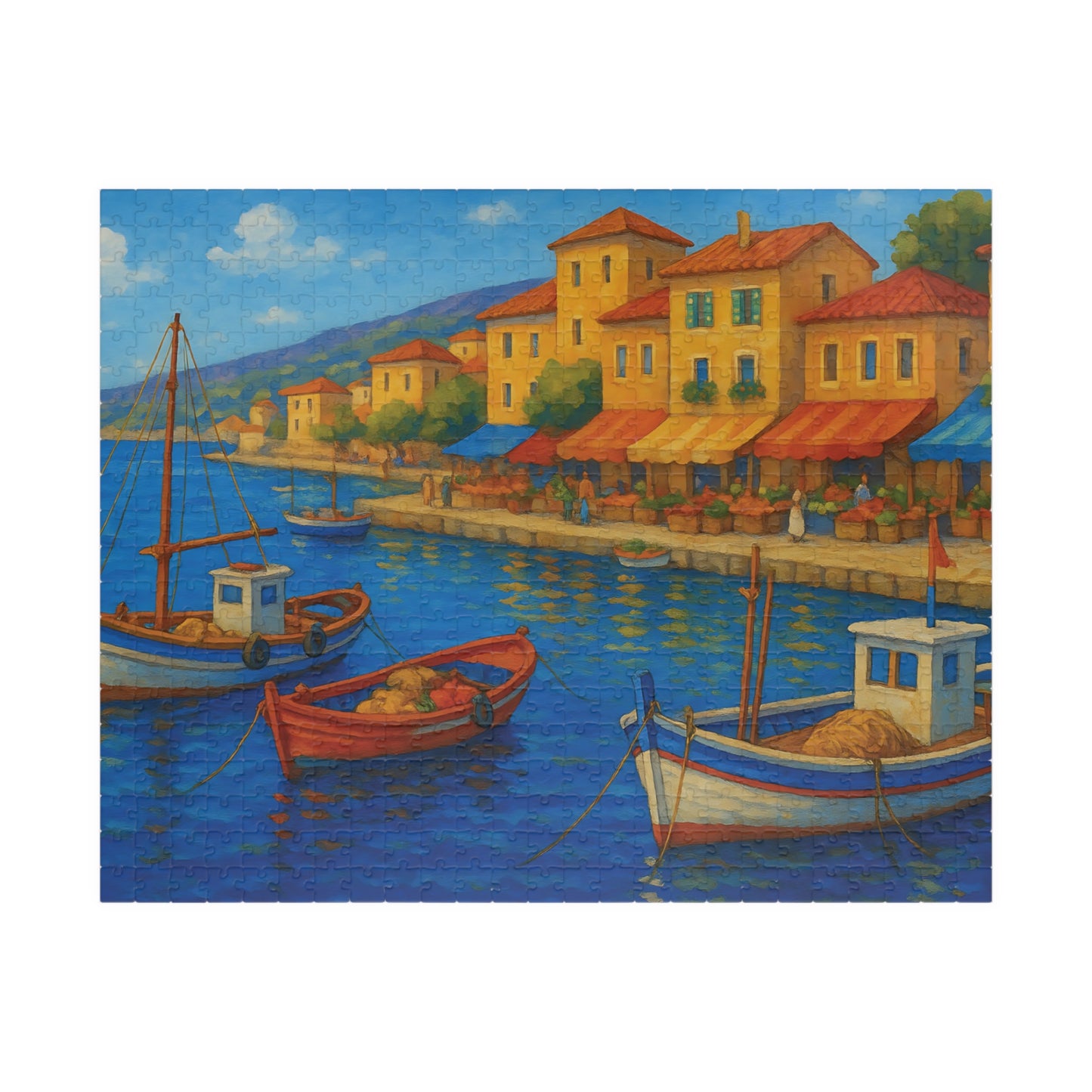 Mediterranean Harbor Jigsaw Puzzle – Colorful Coastal Village with Fishing Boats