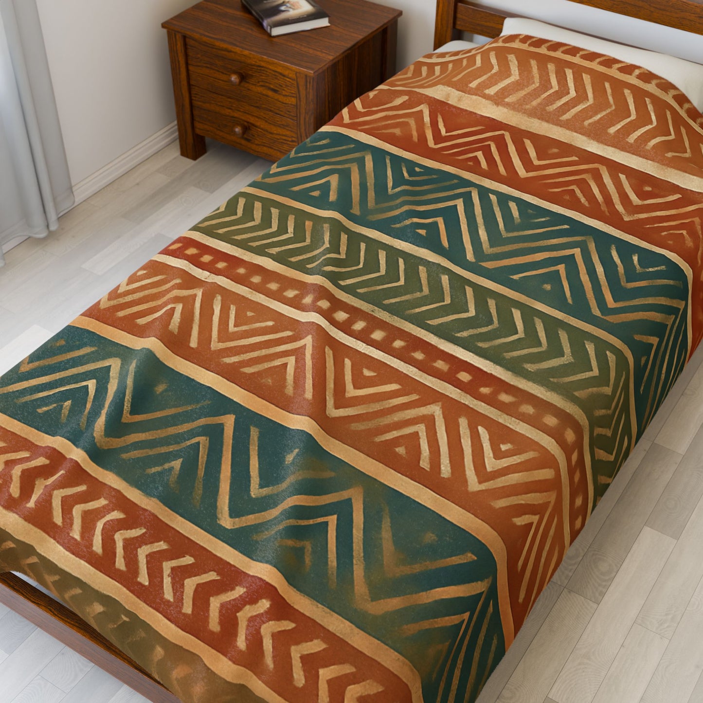 Tribal Aztec Velveteen Plush Blanket - Soft Boho Throw with Earth Tones and a Vibrant Geometric Print