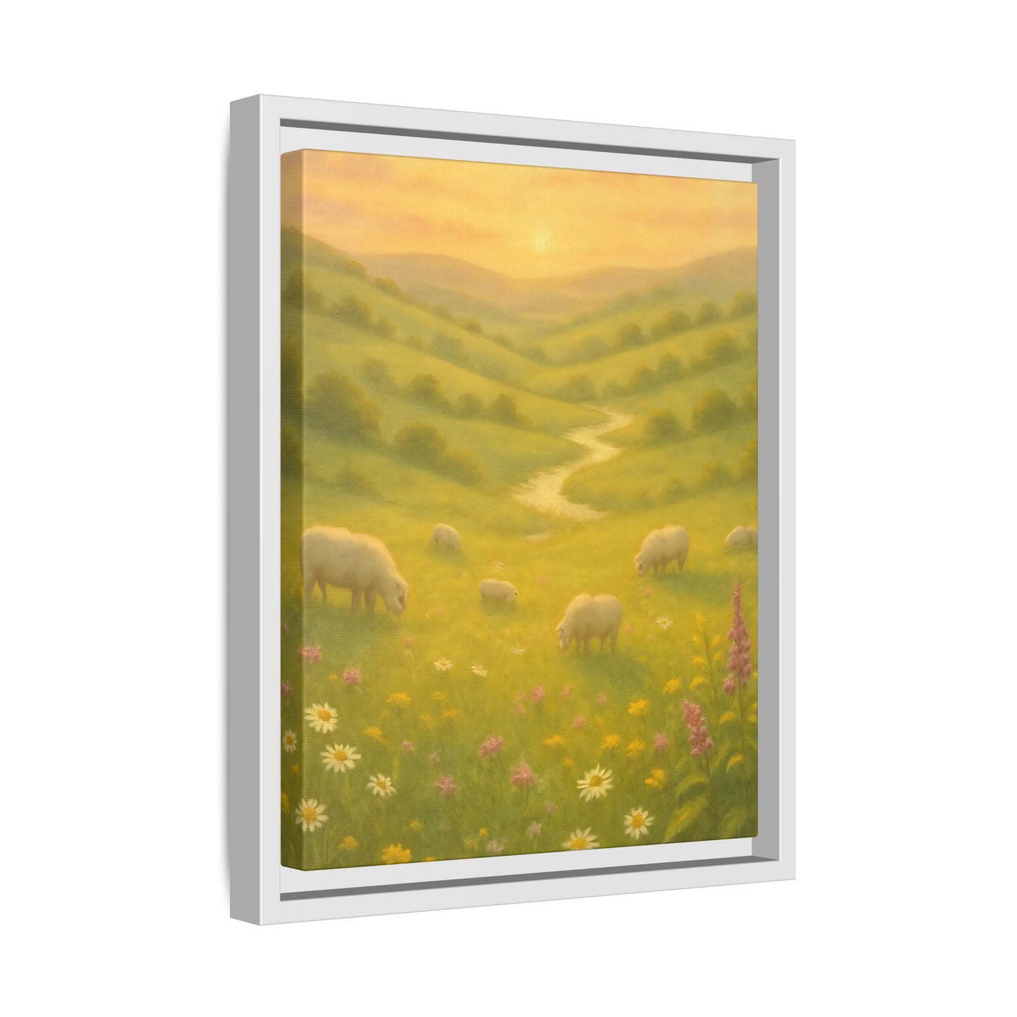 Golden Meadow Sunrise – Framed Matte Canvas Pastoral Landscape Art