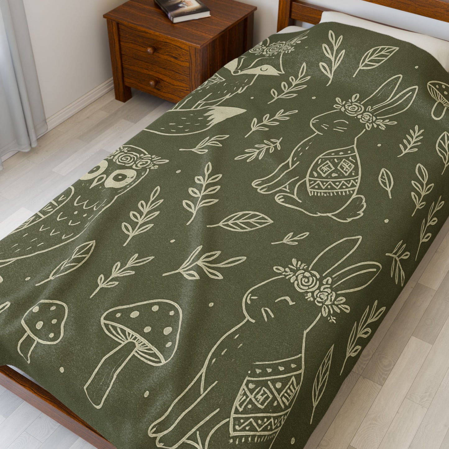 Boho Woodland Animal Velveteen Plush Blanket – Forest Green